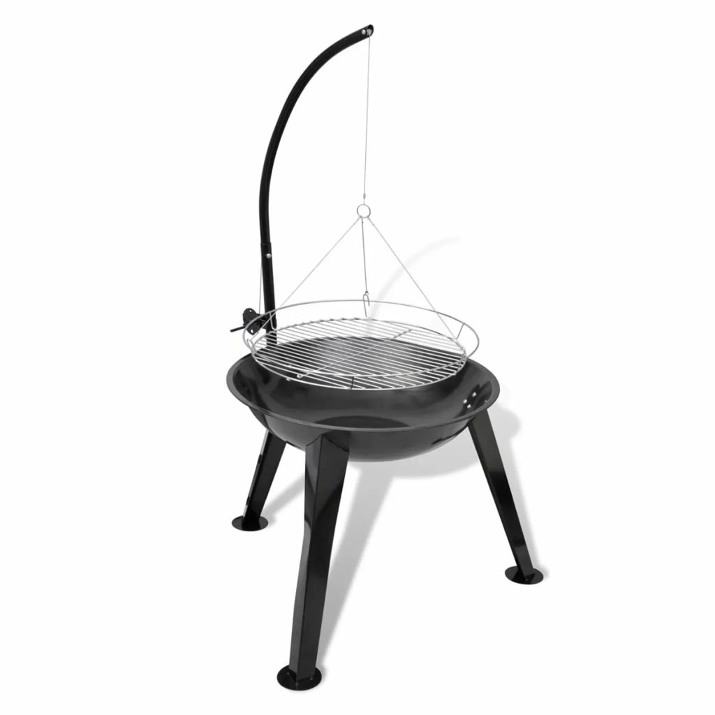 Dcenta Charcoal BBQ Stand with Hanging Round Grill Plate Steel Barbecue Stand for Camping Cooking, Grilling, Smoking, Picnic, Hiking, Party, Garden, Patio 28.3 x 48.4 Inches (Diameter x H)