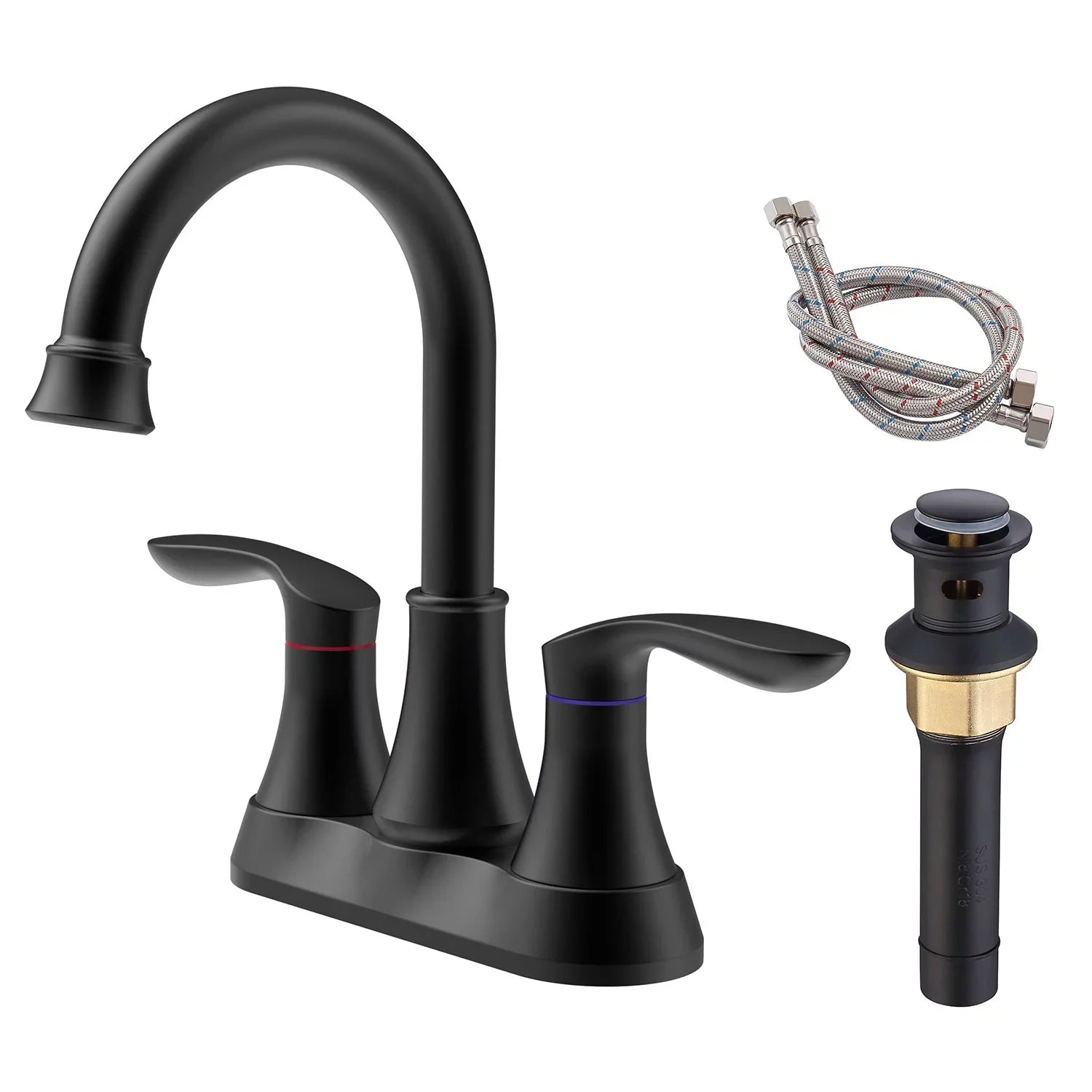 Kichae 6 Inch Vanity Sink Faucet，2-Handle 360 Degree Swivel Bathroom Spout Centerset Faucet with Pop-up Drain & Supply Hoses，Matte Midnight