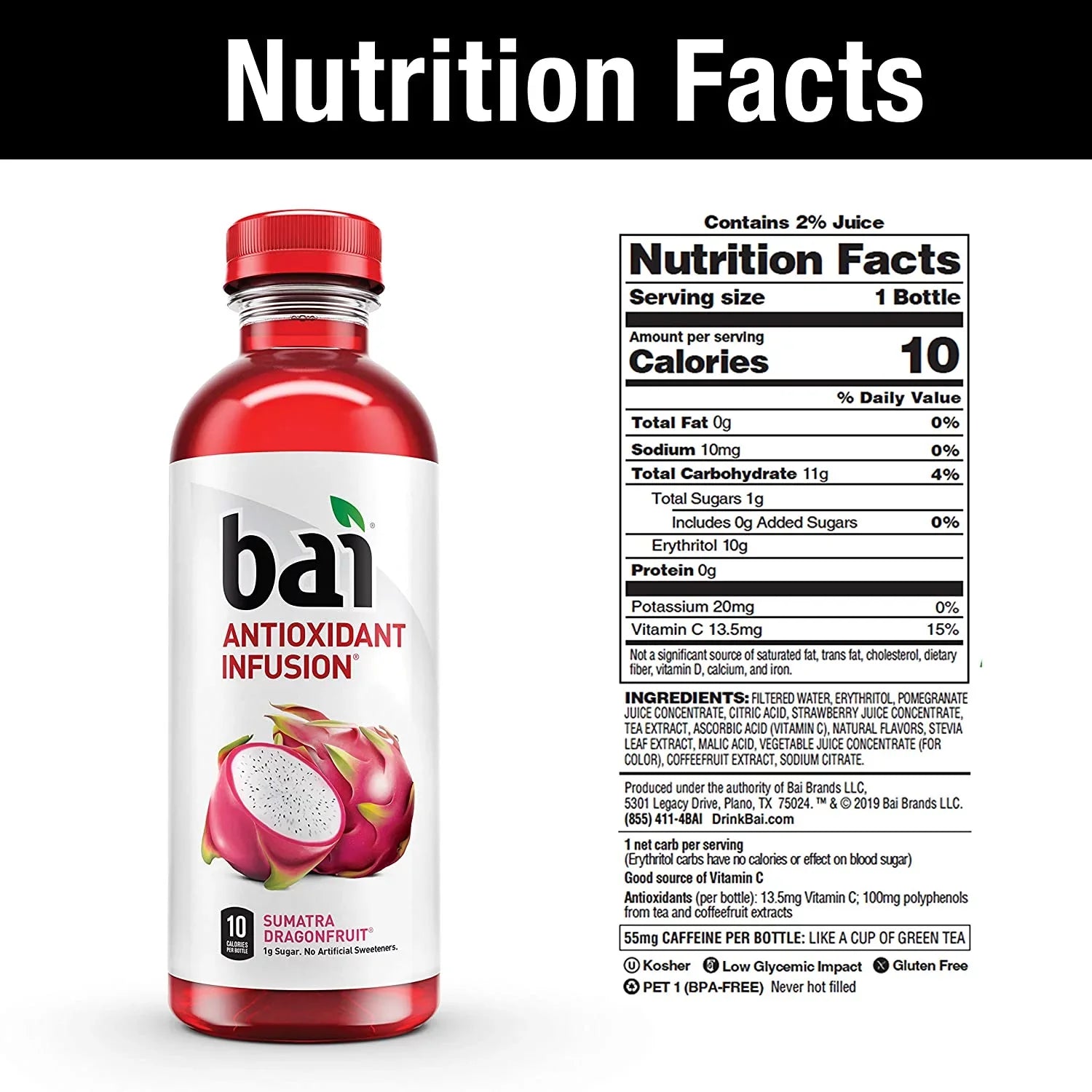 Bai Flavored Water, Rainforest Variety Pack, Antioxidant Infused Drinks, 18 Fluid Ounce Bottles, 12 Count, 3 Each of Brasilia Blueberry, Costa Rica Gentlemen Malawi Mango, Sumatra Dragonfruit