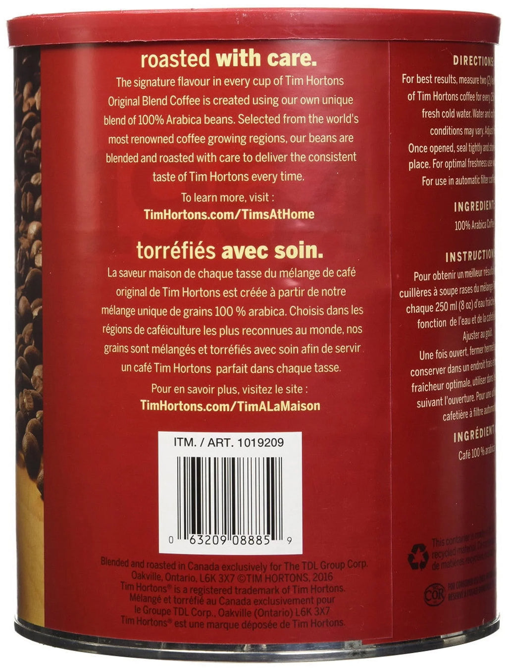 Tim Hortons Coffee, Original Edge 48oz., Extra Large Medium Roast Fine Grind 100% Arabica {Imported from Canada}