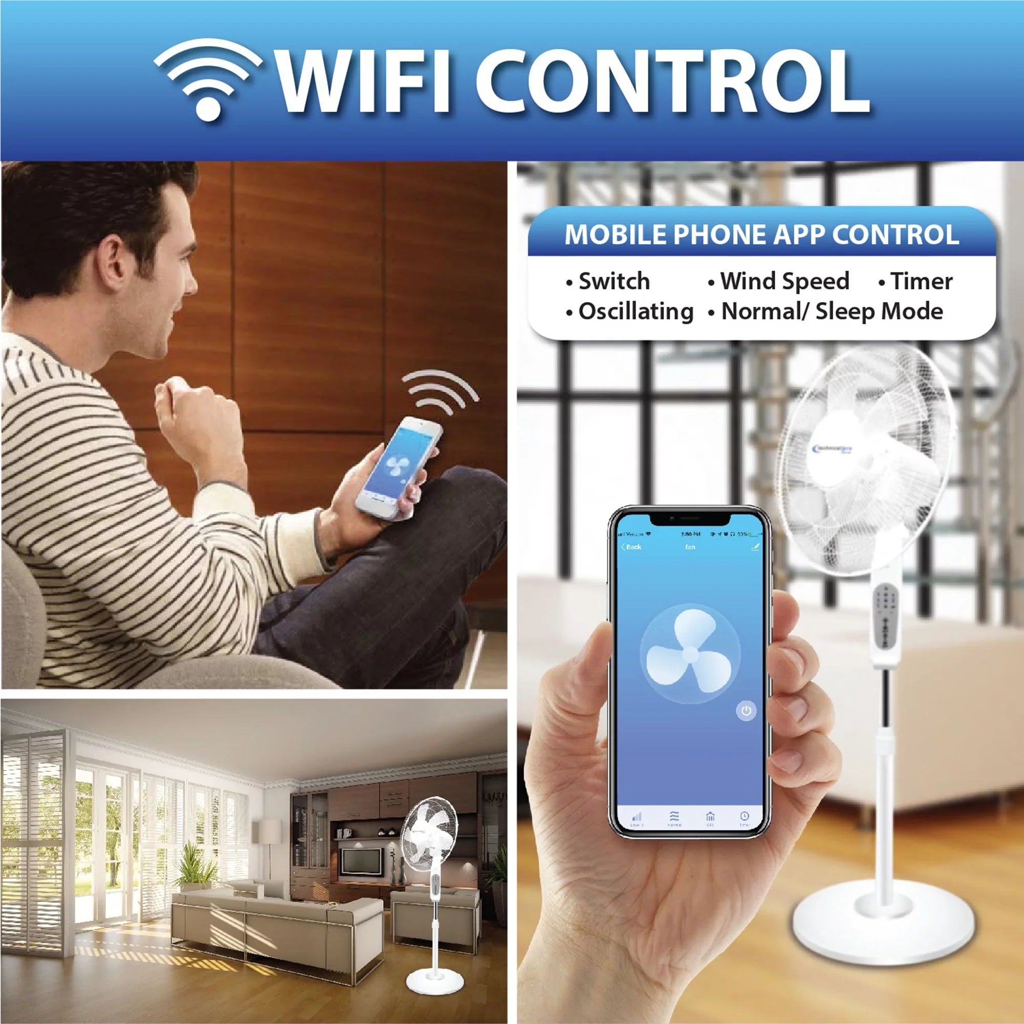 Technical Pro WIFI Enabled 16" Standing Fan with Oscillating Feature, Compatibe with Amazon Alexa/Google Home Voice