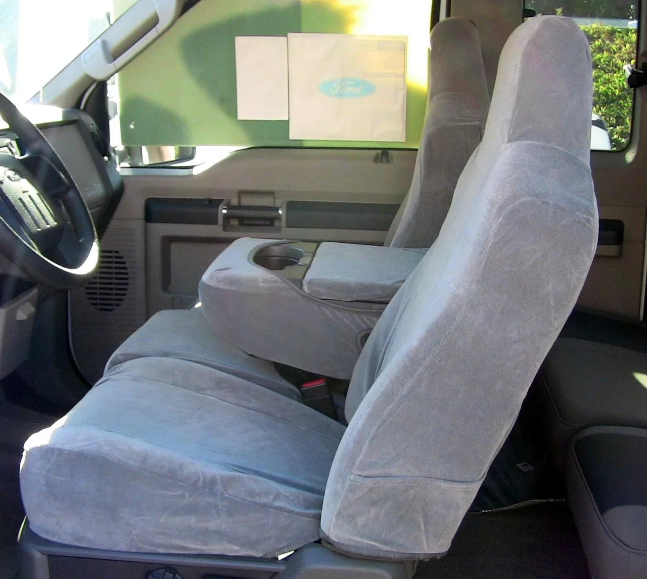 F58 2002-2010 Ford F250-F550 Super Duty Front 40/20/40 Split Bench Seat with Molded Headrests and Opening Center Console in Tan Velour