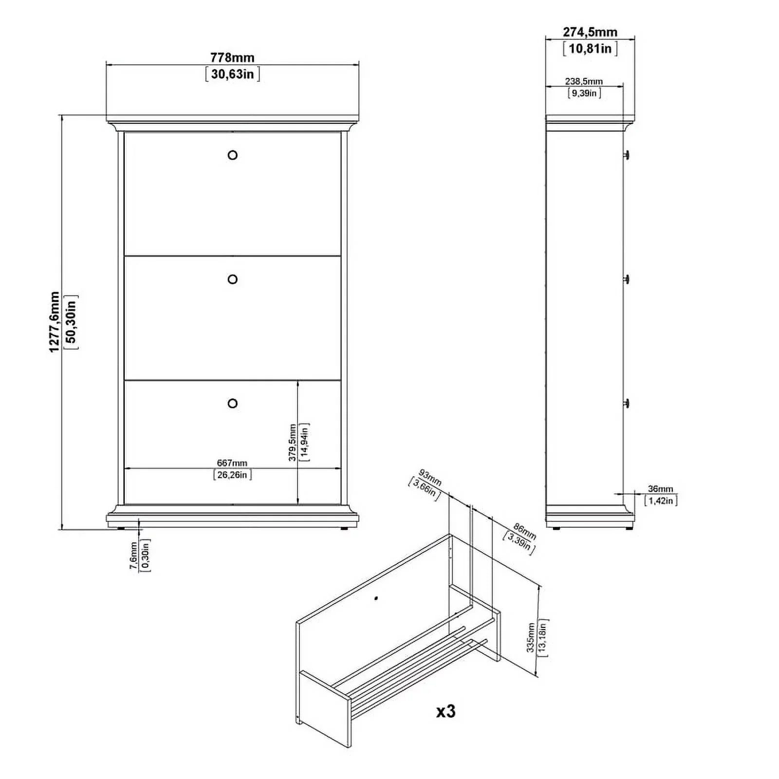 Allora Contemporary 3 Drawer Wood Shoe Cabinet in White