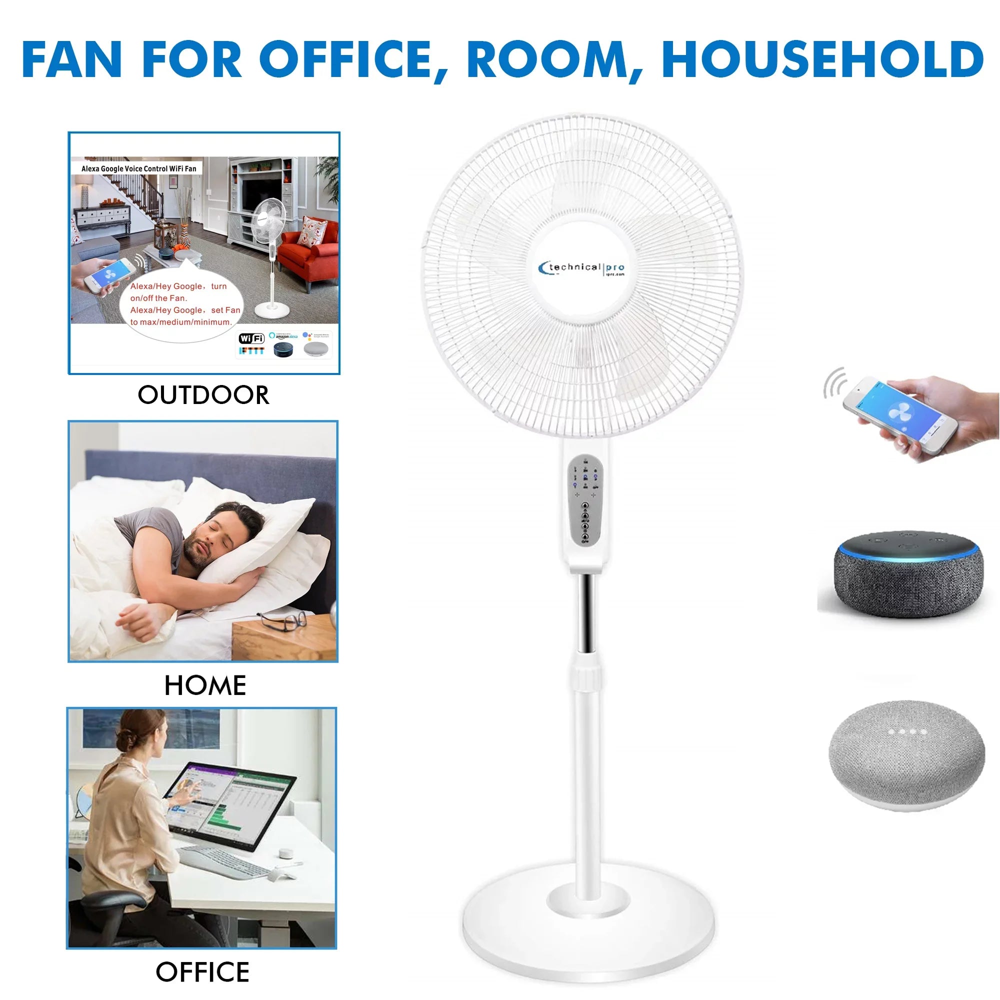Technical Pro WIFI Enabled 16" Standing Fan with Oscillating Feature, Compatibe with Amazon Alexa/Google Home Voice