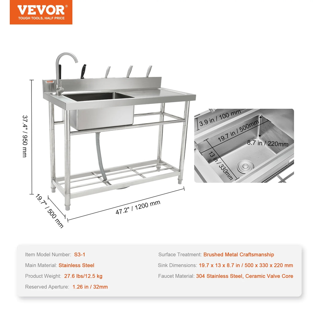 BENTISM Stainless Steel Utility Sink Single Bowl w/Workbench 47.2x19.7x37.4 in