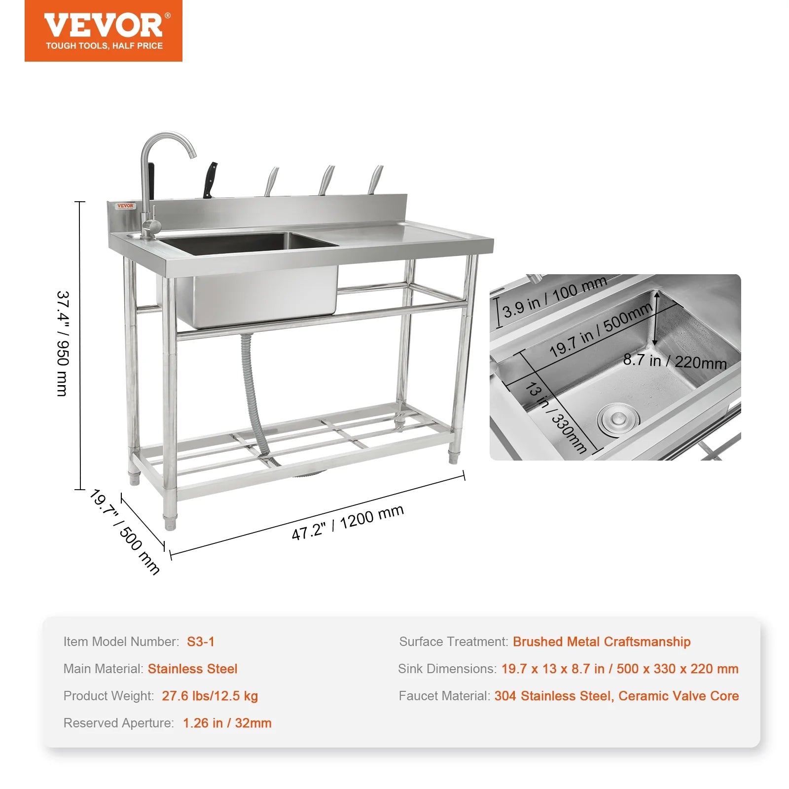 BENTISM Stainless Steel Utility Sink Single Bowl w/Workbench 47.2x19.7x37.4 in
