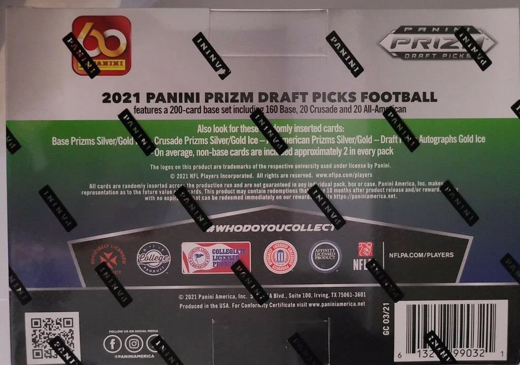 2021 Panini Prizm Draft Picks Football MEGA Box (12 pks/bx, ONE Gold Ice Prizm Autograph card/bx)