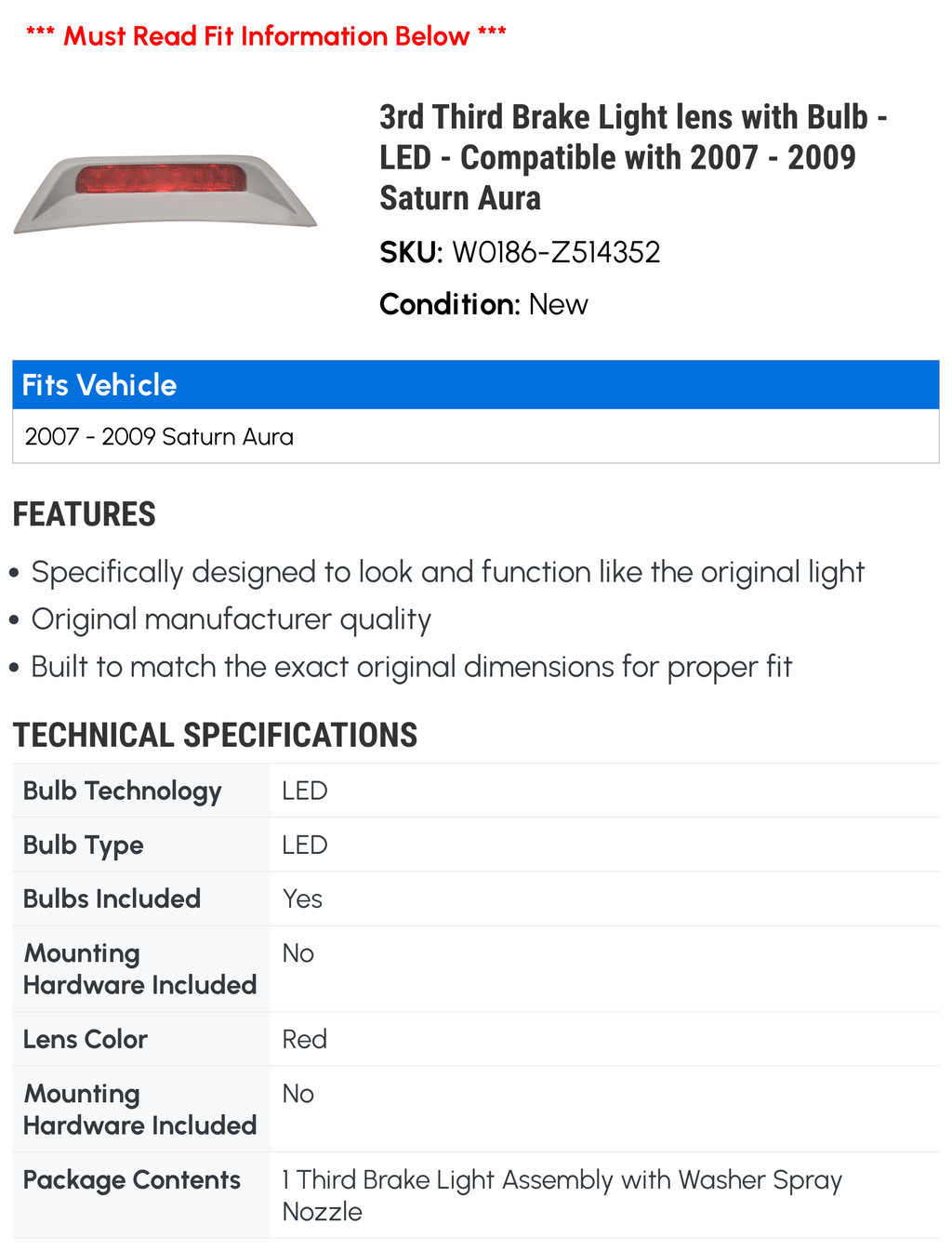 3rd Third Brake Light lens with Bulb - LED - Compatible with 2007 - 2009 Saturn Aura 2008