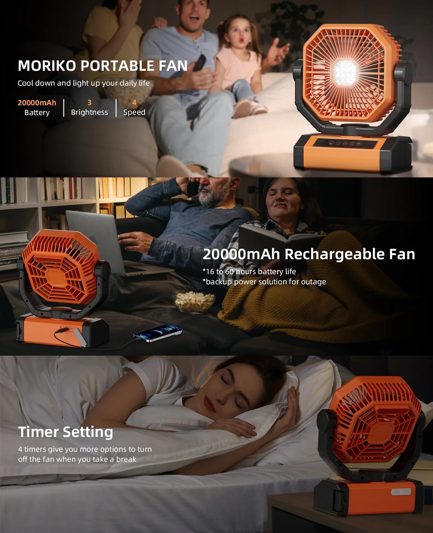 MORIKO Portable Cordless Fan 20000mAh Rechargeable Battery Powered Ventilator w/ LED Lantern, Remote, Hook, Timer, 270° Pivot 90° Oscillating 4 Speed Brushless Motor, Outdoor Jobsite Garage Patio Fan