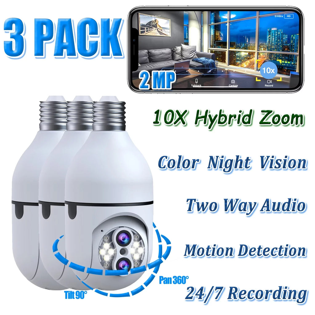 Toguard 3 Pack SC11 10X Hybrid Zoom Light Bulb Security Camera Outdoor E27 PTZ Dual Lens Dome Surveillance Camera Wireless Connector