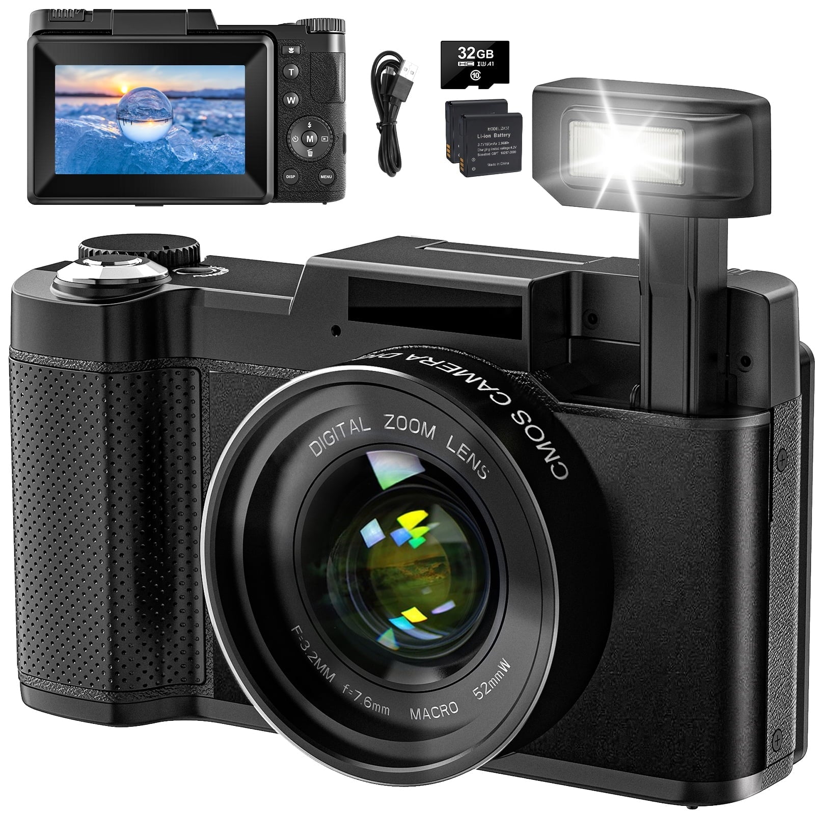 MARVUE Digital Camera 4K Vlogging Camera for YouTube 48MP 16X Digital Zoom with Macro Function & Liftable Flash, Photography Camera 3’’ 180°Flip Screen