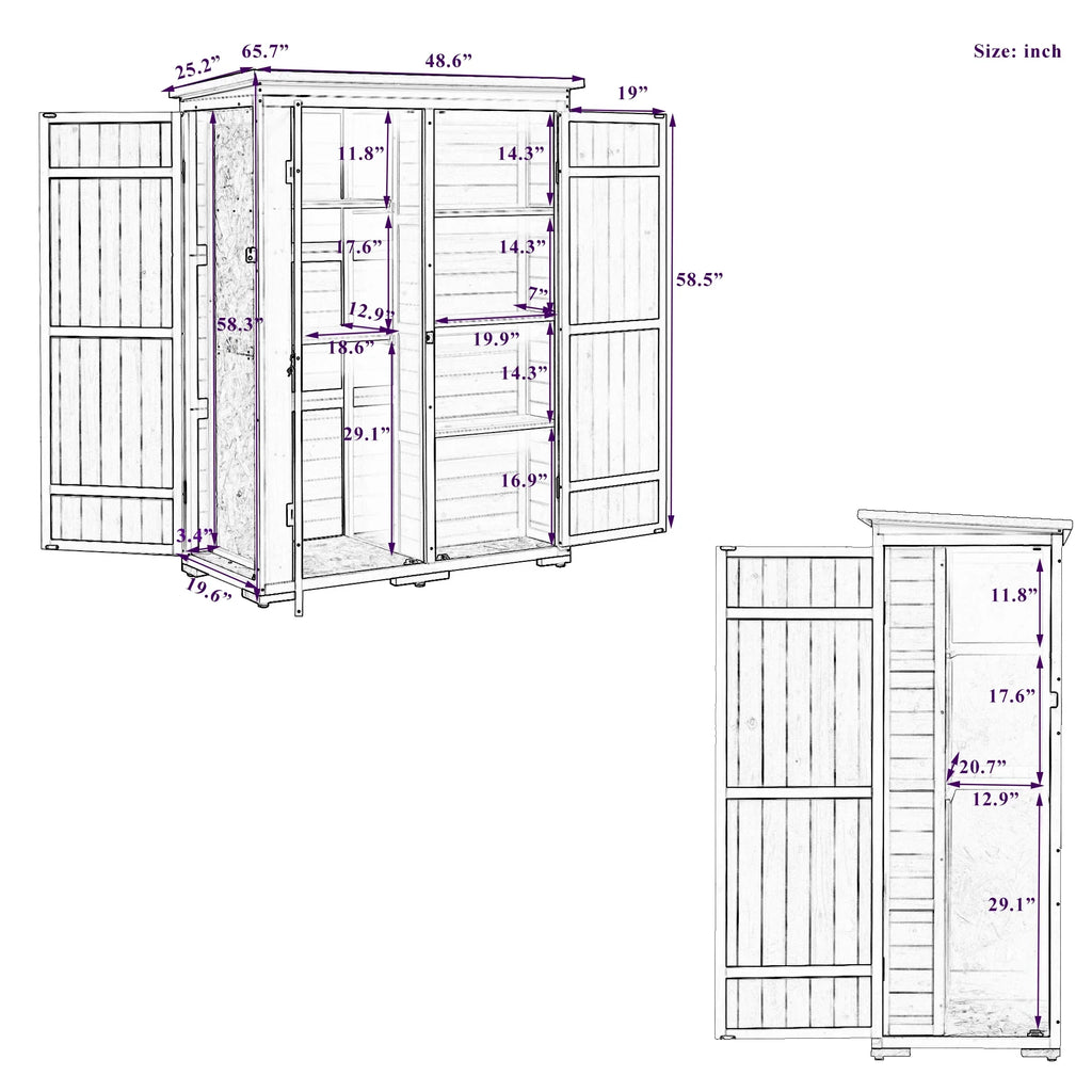 Homiyad Outdoor 5.5ft Hx4.1ft L Wood Storage Shed, Garden Tool Cabinet with Waterproof Asphalt Roof, Four Lockable Doors, Multiple-Tier Shelves, White and Gray