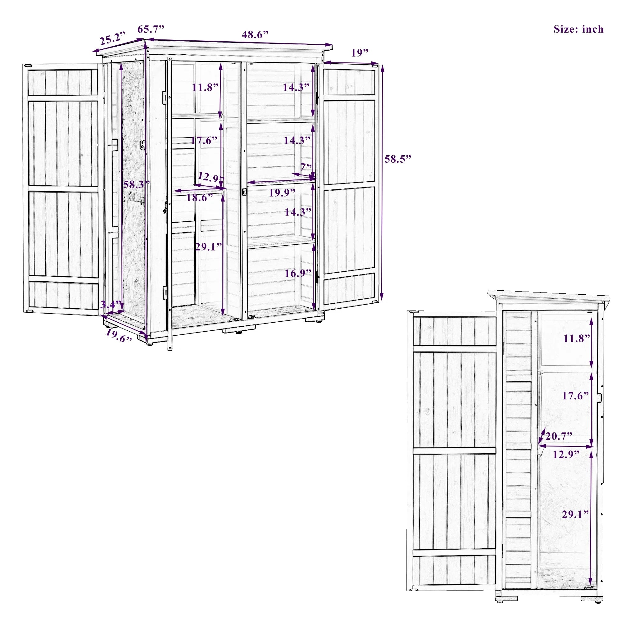 Homiyad Outdoor 5.5ft Hx4.1ft L Wood Storage Shed, Garden Tool Cabinet with Waterproof Asphalt Roof, Four Lockable Doors, Multiple-Tier Shelves, White and Gray