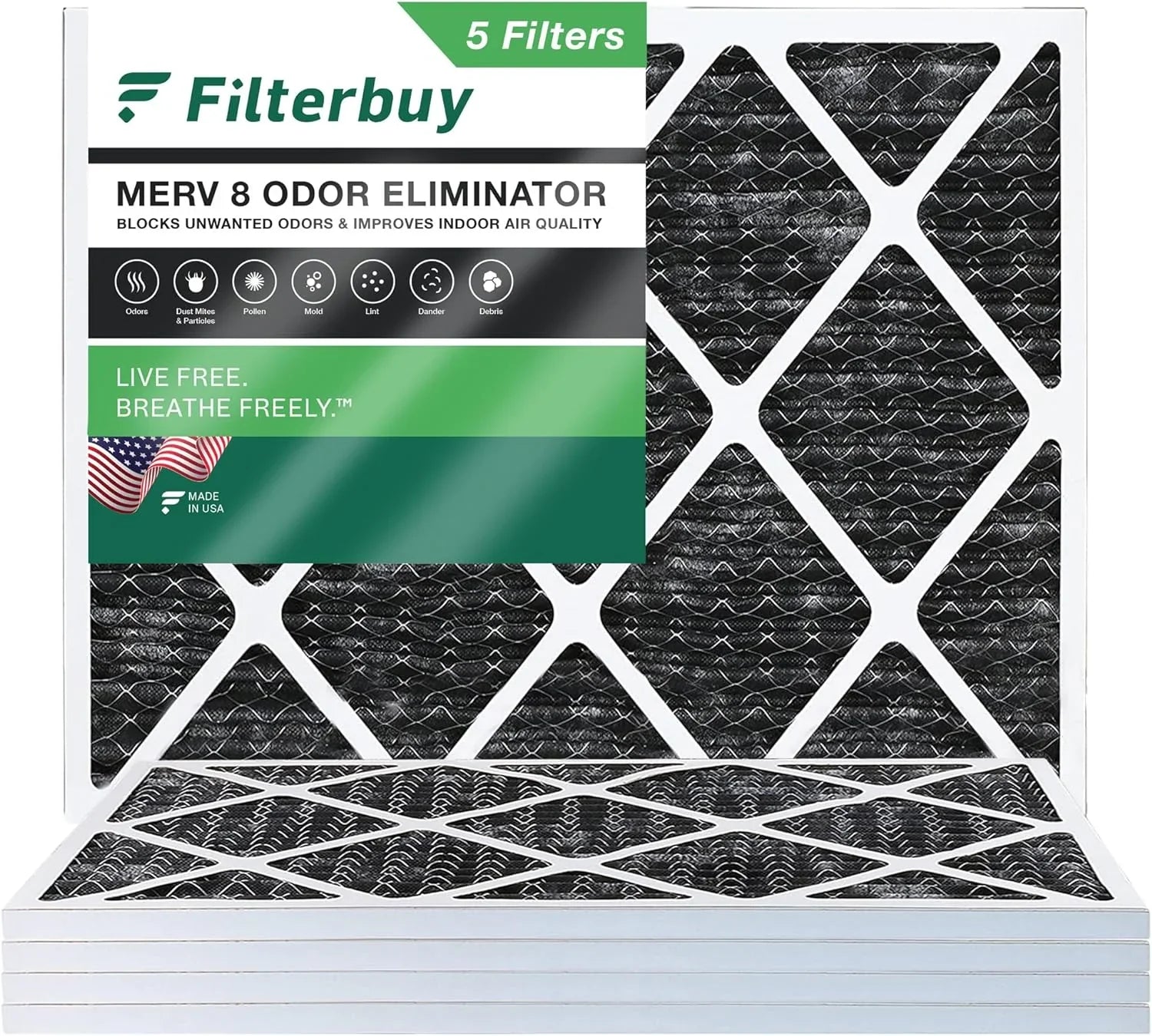 Filterbuy 20x24x1 MERV 8 Odor Eliminator Pleated HVAC AC Furnace Air Filters with Activated Carbon (5-Pack)