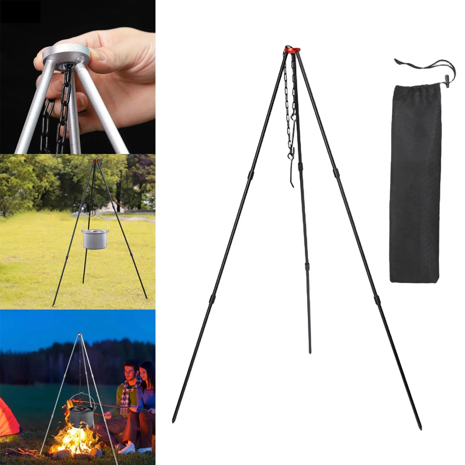 Camping Tripod, Portable Outdoor Cooking Tripod with Adjustable Campfire Picnic ing Pot Grill Stand Aluminum Cookware Accessory , Ebony