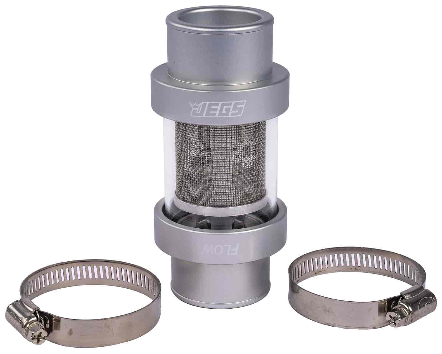 JEGS 53264 Inline Coolant Filter 1 3/4 in. OD Silver Anodized Finish Billet Alum