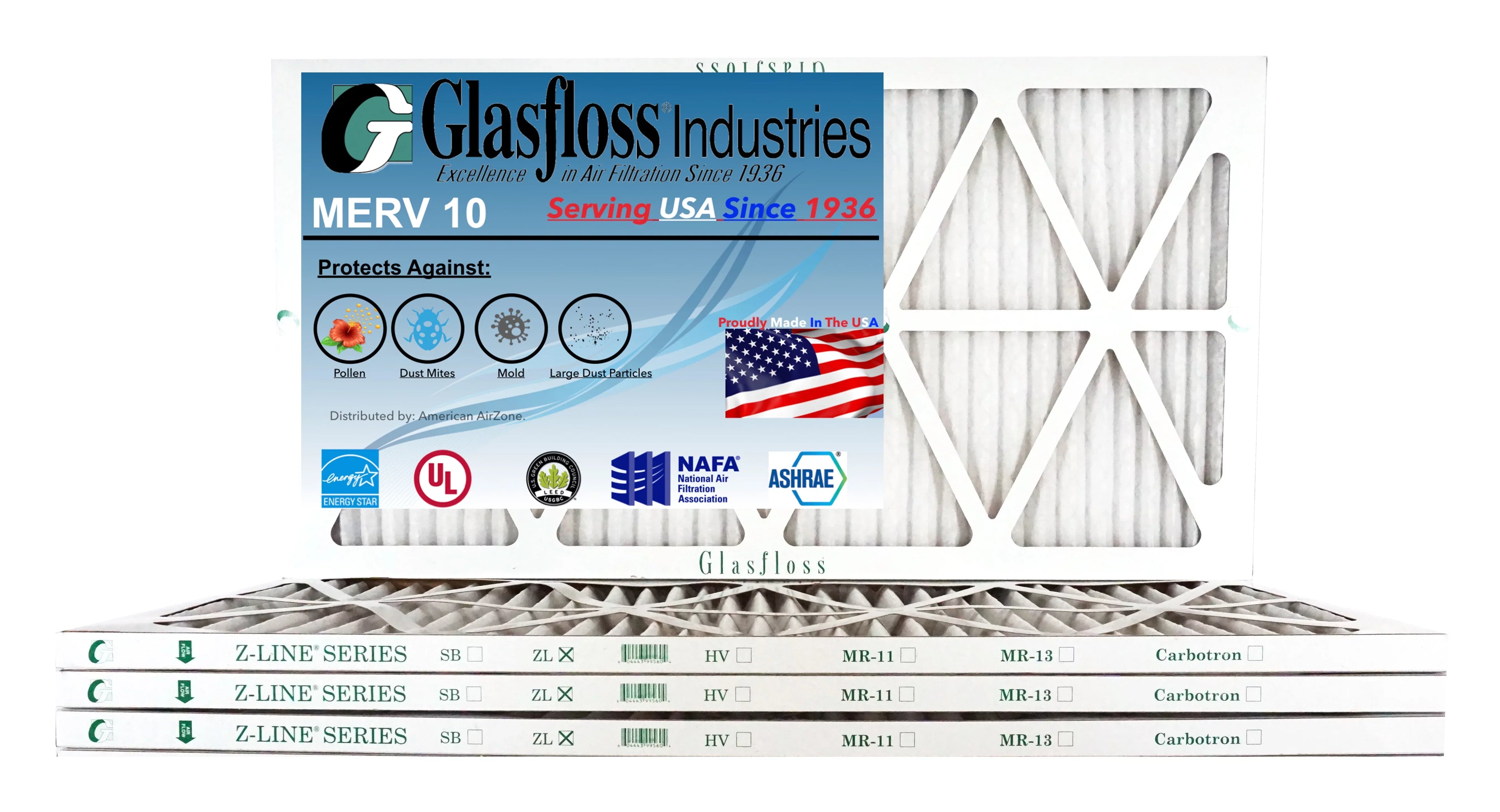 Glasfloss 18x36x1 - MERV 10 - Qty:4 - Furnace Air Filter - Made in USA (Actual Size: 17.5 x 35.5 x 7/8 inch)