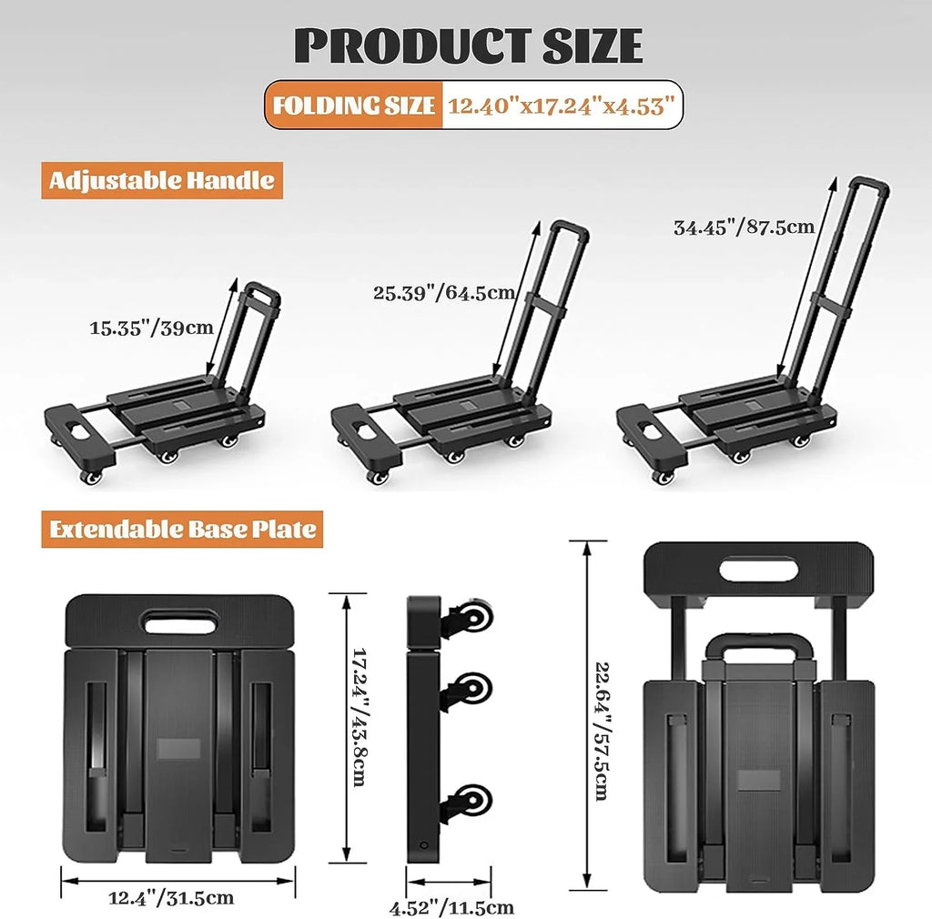 Folding Hand Truck, Small Trolley Portable 500 LB Capacity, Fold Up Hand Cart with 6 Wheels & Edge Base, Collapsible Platform Truck for Moving, Office & Shopping, Midnight