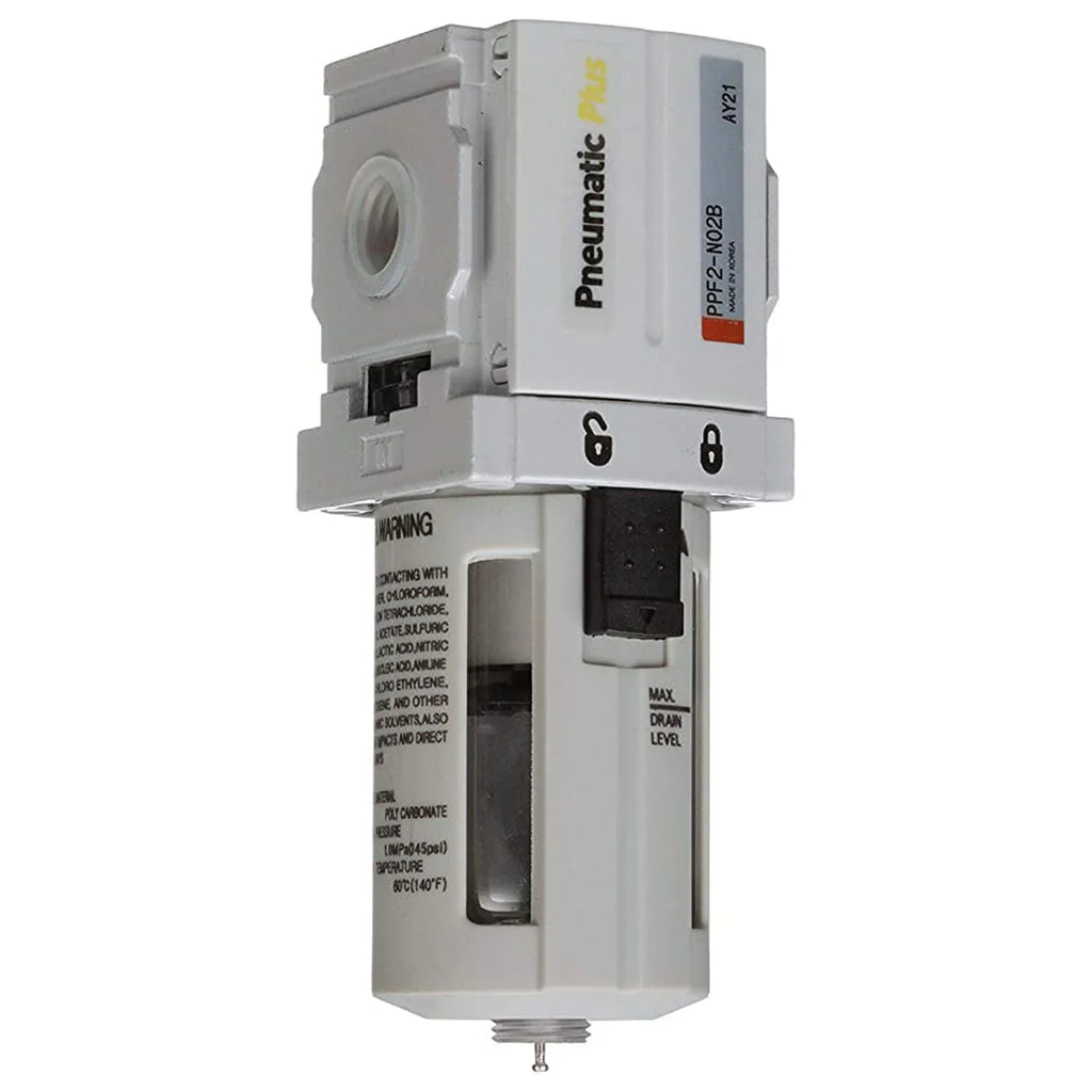 PneumaticPlus PPF2-N02B Miniature Compressed Air Particulate Filter 1/4" NPT - 5 Micron, Poly Bowl, Manual Drain, Bracket