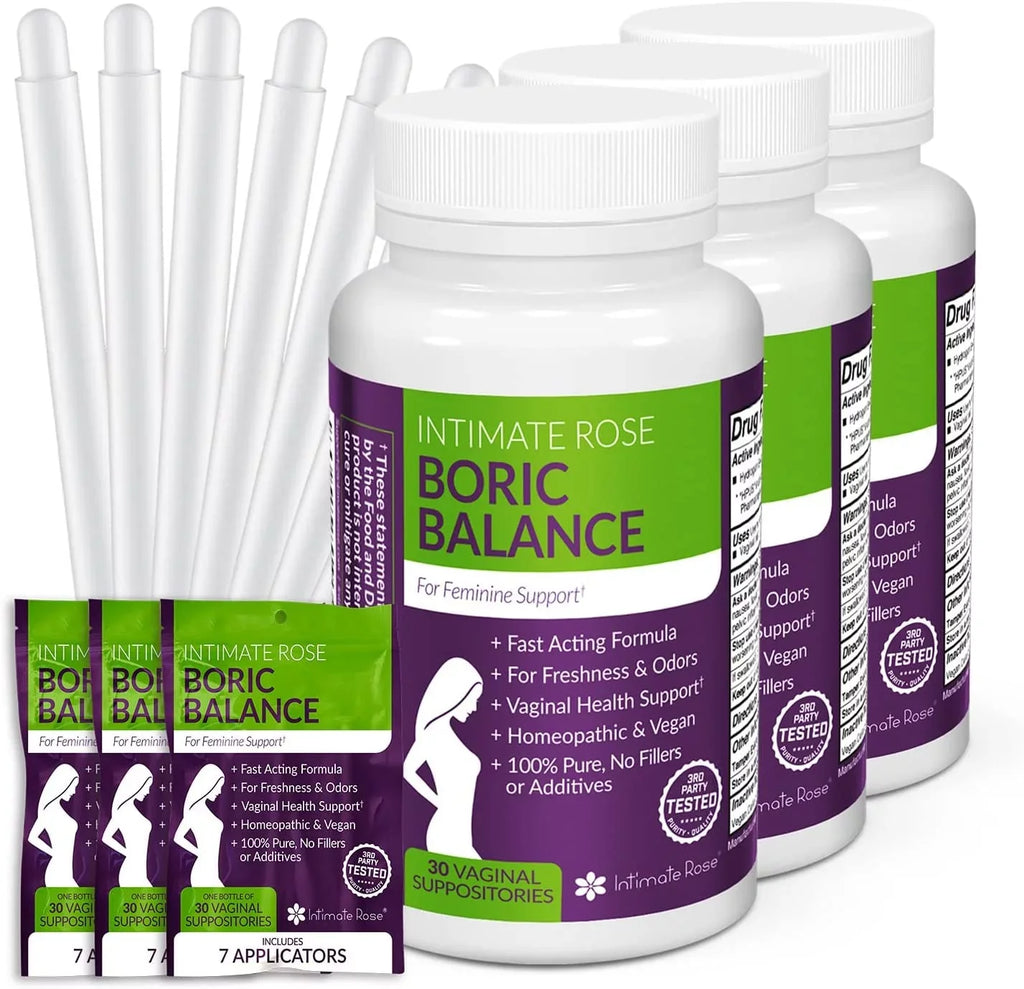 Intimate Rose Boric Acid Suppositories, pH Balance for Gentlemen Boric Acid Vaginal Suppositories for Yeast Infection, Vaginitis, Bacterial Vaginosis, 90-Count (600mg) + 21 Applicators - 100% made in USA