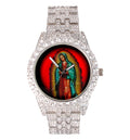 Charles Raymond The Virgin of Guadalupe Blessed Display - People Hip Hop Metal Iced Out Wristwatch - Blinged Out Big Rhinestones on Trim - ST10226 BGS Single (Silver ST10361A)