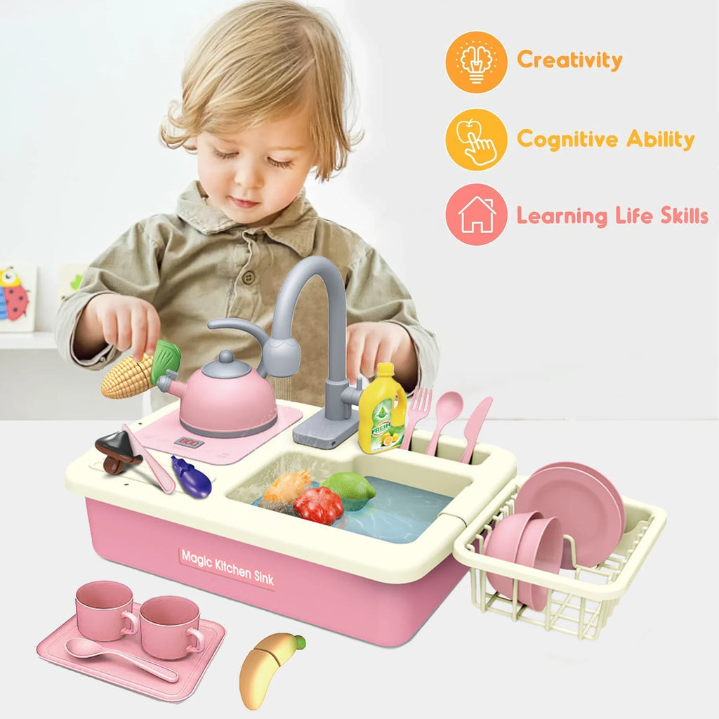 Richgv Edge Play Kitchen Sink Toys with Running Water, 23PCS Electric Water Sink Toy with Play Induction Cooker Play Cutting Food, Kids Kitchen Role Play Toys for Boys Girls
