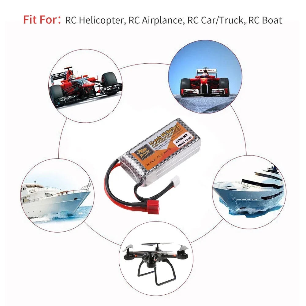 FancyWhoop 100C 3S 11.1V 1500mAh Lipo Battery T Plug for RC Drone Flight Car Airplane DIY
