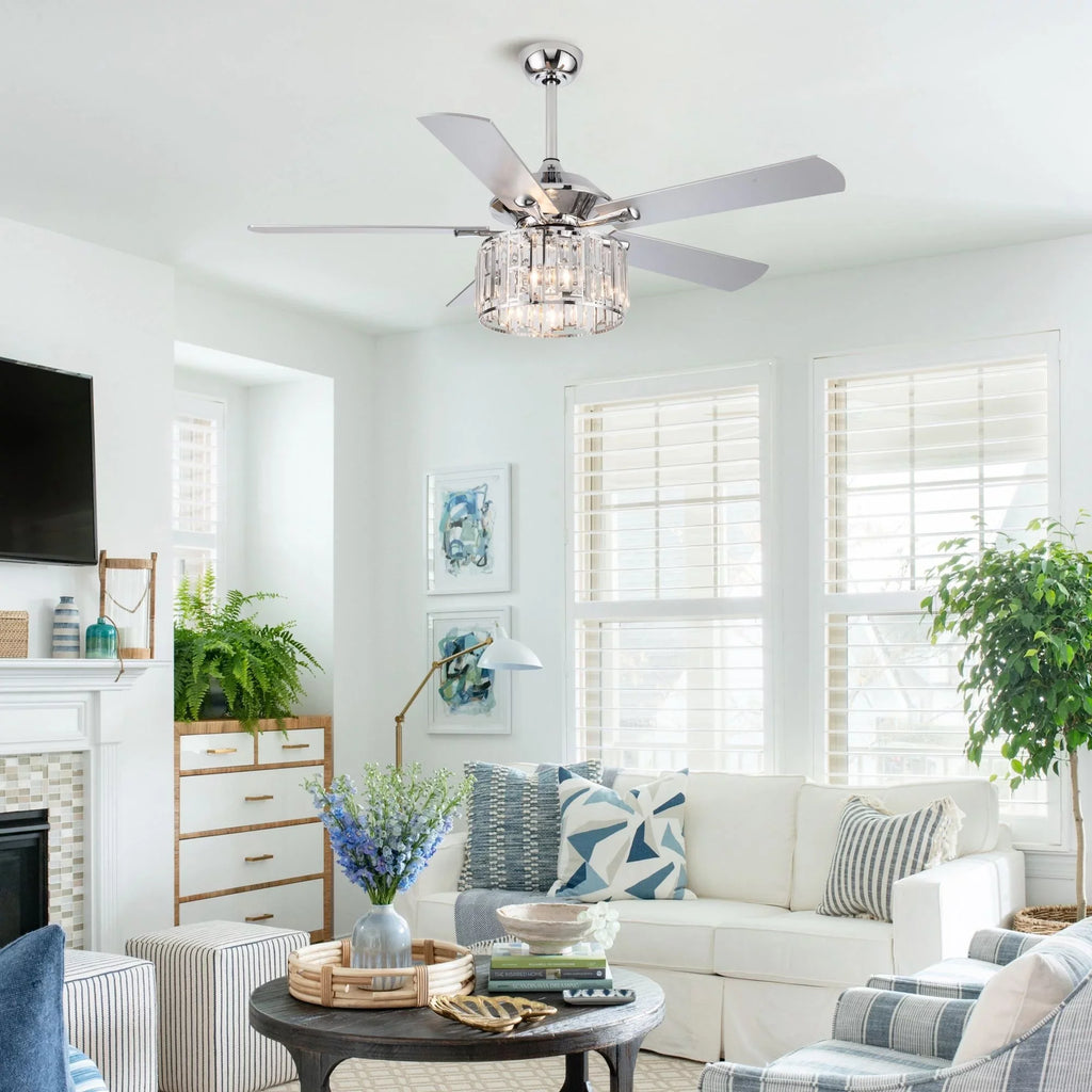 Parrot Uncle 52" Chrome Wooden 5-Blade Modern Crystal Ceiling Fan with Remote