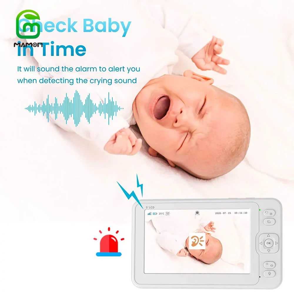 MAMON Video Baby Monitor with Camera and Audio 1080P 5" HD Display Two Way Talk PTZ Remote Large Battery Capacity