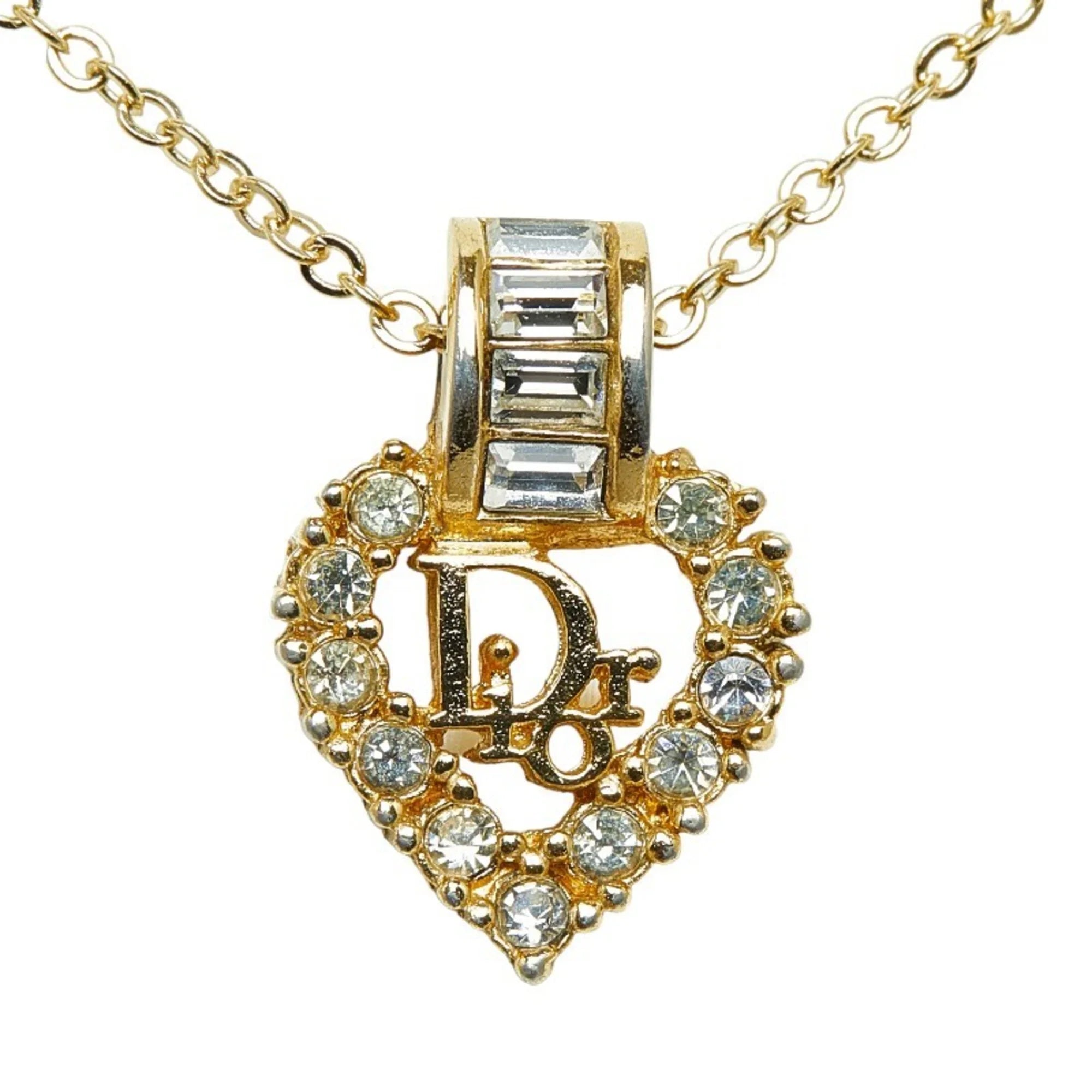 Pre-Owned Christian Dior Dior Heart Rhinestone Necklace Gold Plated Gentlemen (Good)