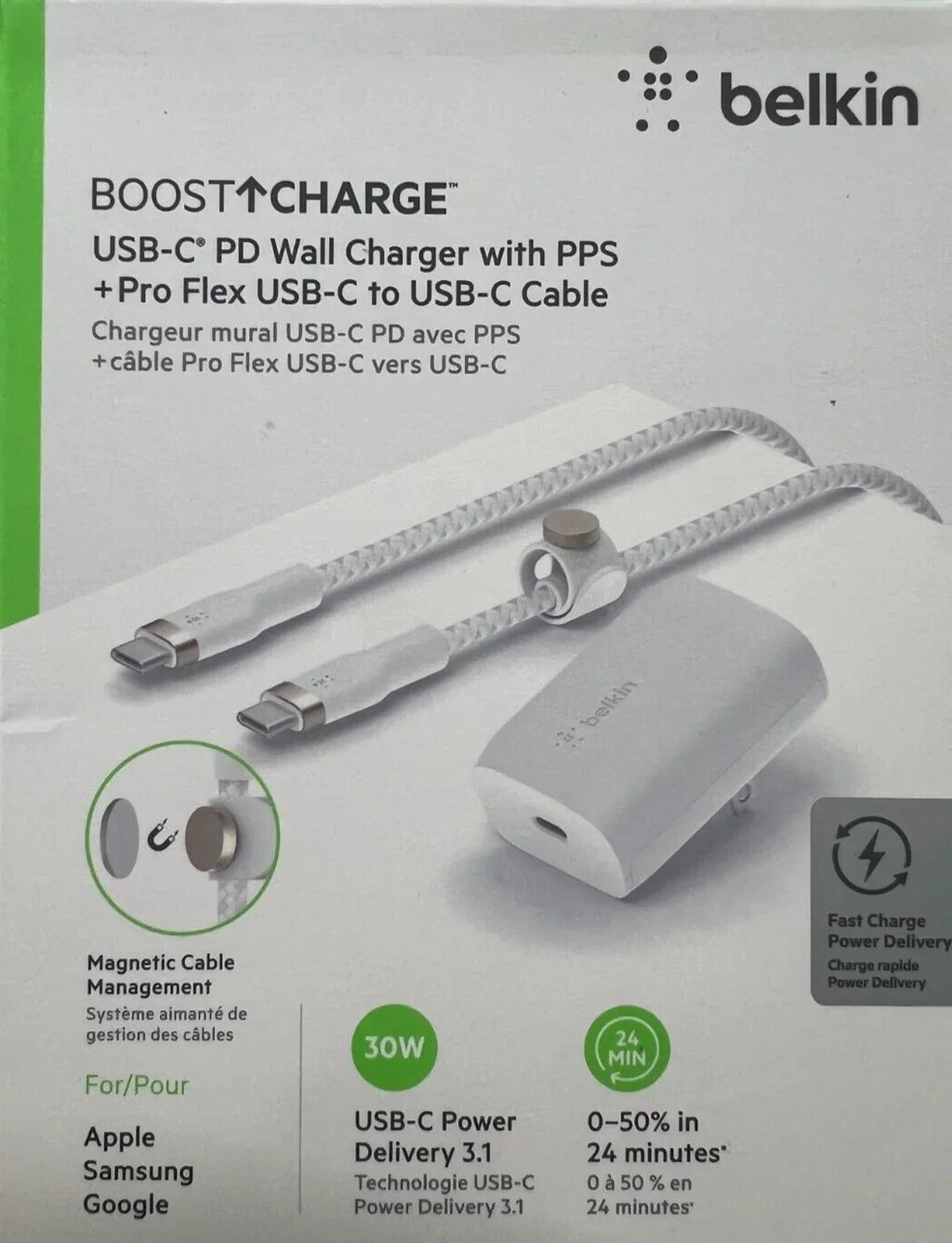 Belkin 30W Wall Charger with USB-C to USB-C Cable Bundle (Boost Charge) - White