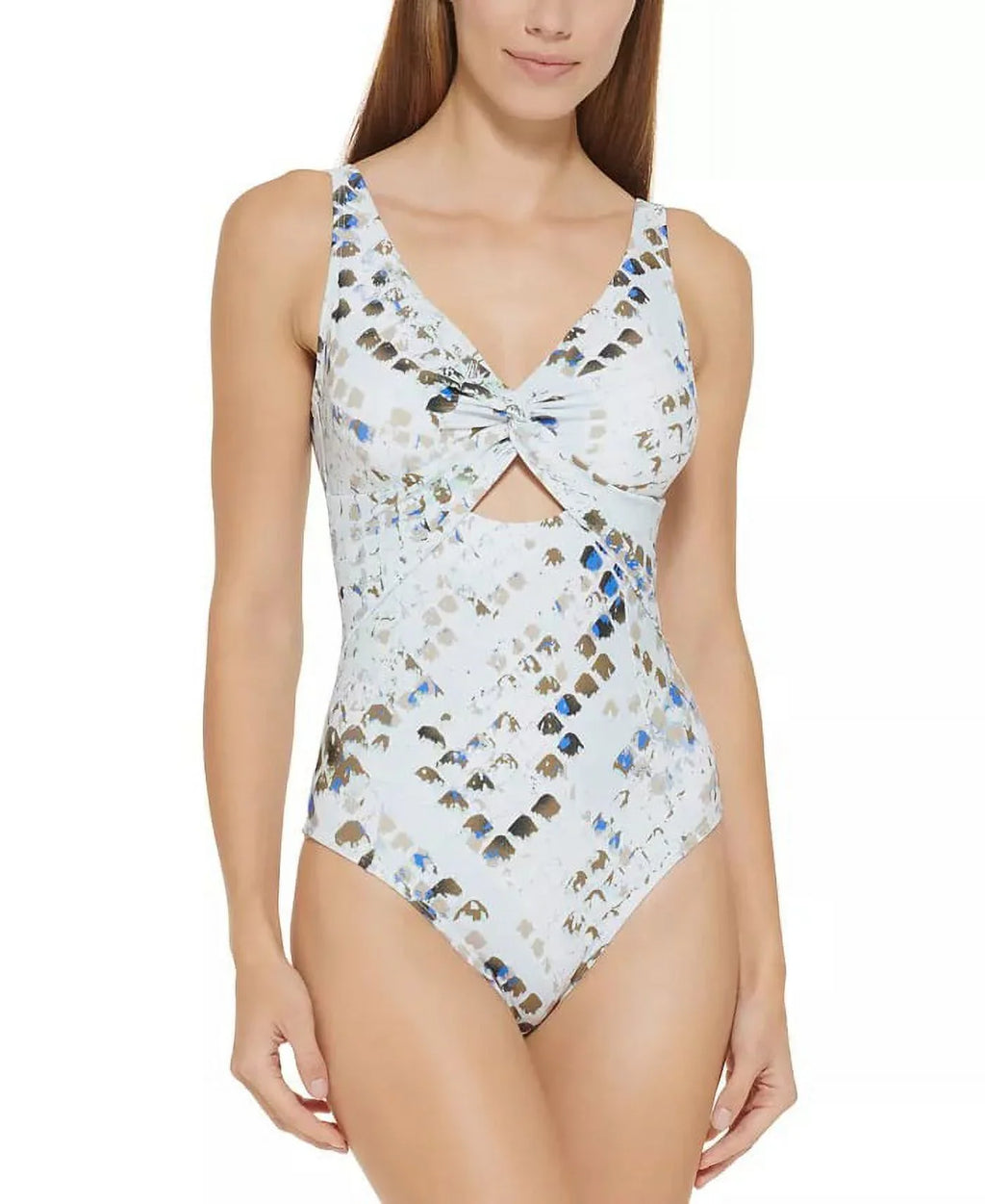 DKNY SPLASH MULTI Twist-Front Cutout One-Piece Swimsuit, US 16