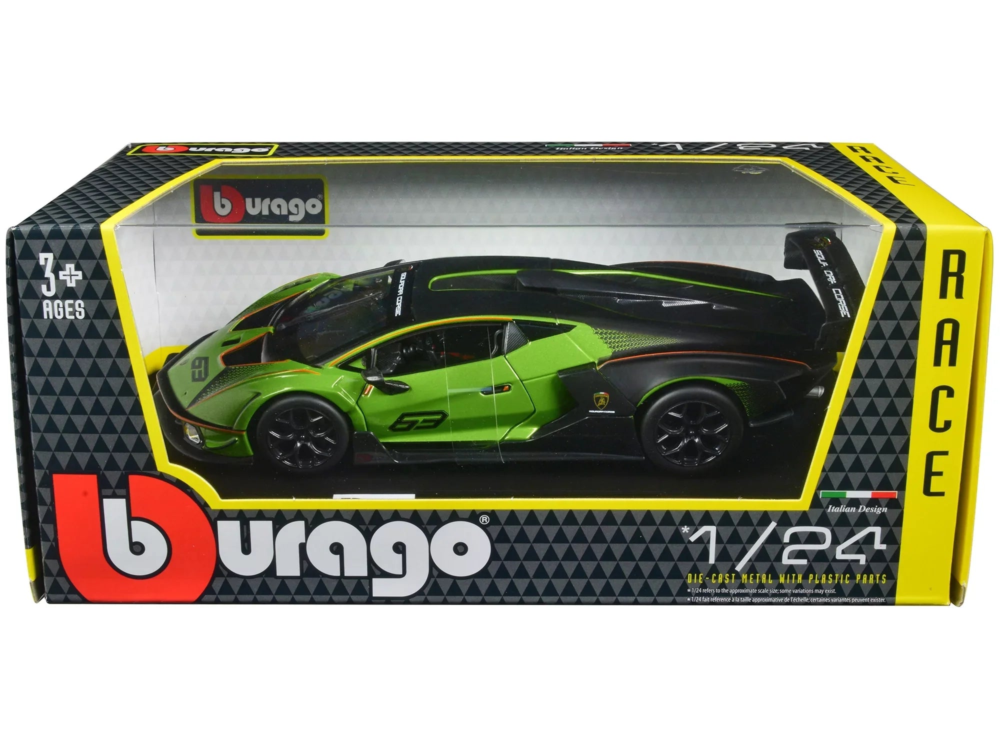 Lamborghini Essenza SCV12 #63 Green Metallic and Dark "Squadra Corse" "Race" Series 1/24 Diecast Model Car by Bburago