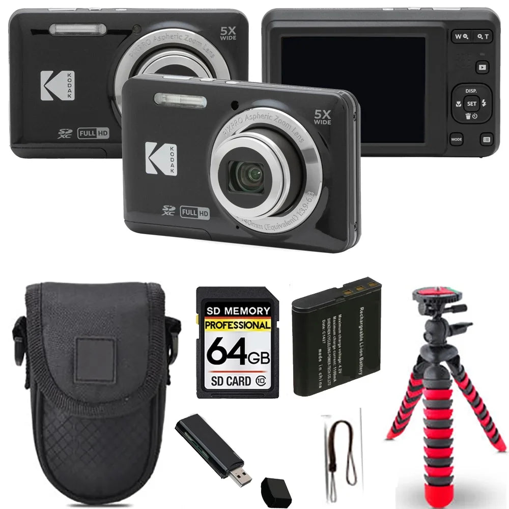 Kodak PIXPRO FZ55 Digital Camera Ebony Spider Tripod + Case - 64GB Kit