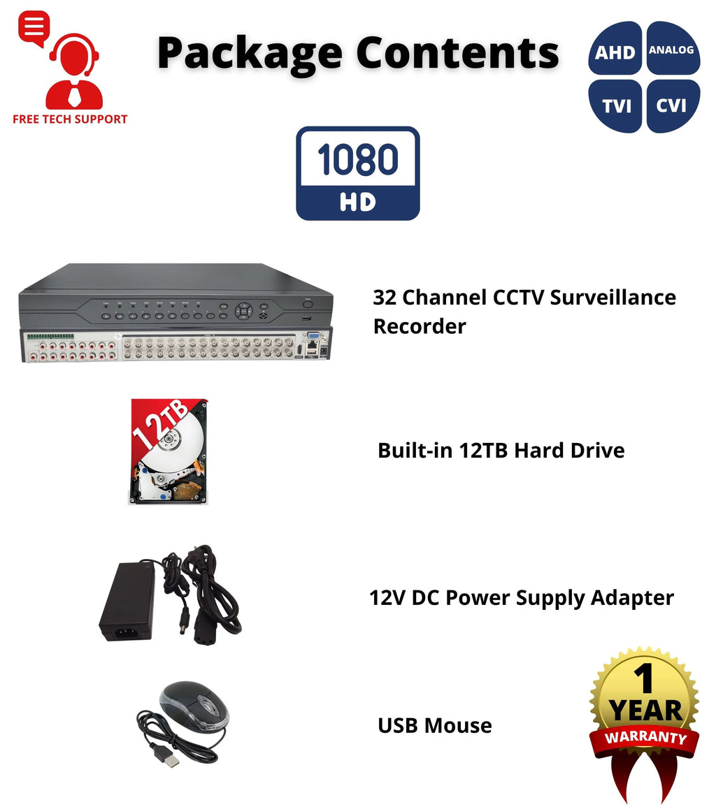 Evertech 32 Channel H.265 Security DVR with 12TB Hard Drive 16x Audio Input Surveillance Standalone Recorder Supports 1080p AHD TVI CVI and Analog (960H) Cameras, Easy Remote Access