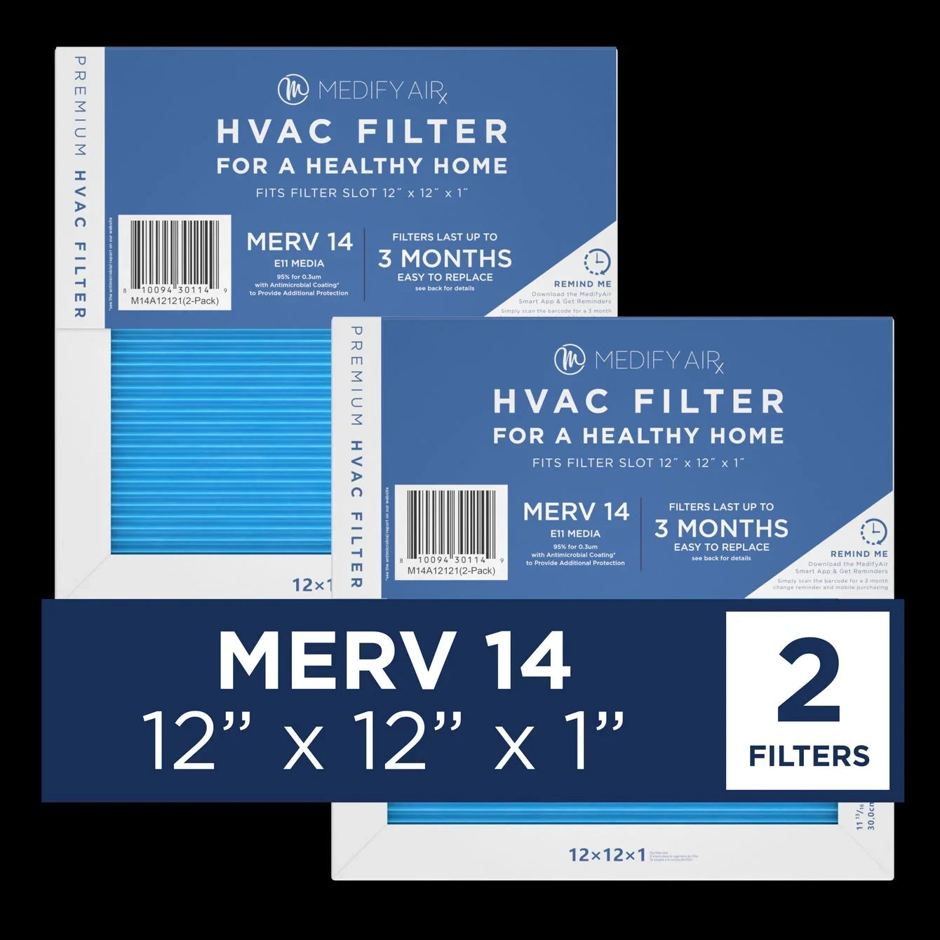 Medify Air 12x12x1 Pleated Filter 95% Particles HEPA Air Cleaning (MERV 14, 2-Pack)