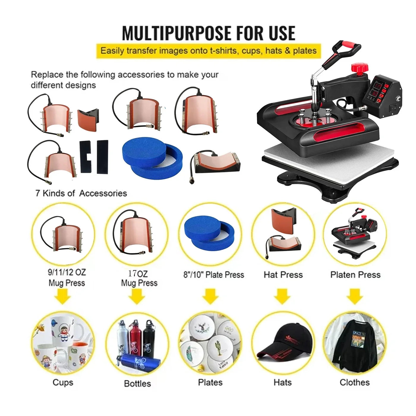 Red Heat Press Machine 8 in 1, 12 x 15 Inches Sublimation Transfer Printer, Digital Precise LCD Control Printing, 360 Swing Away Vinyl Transfer Printer for T-Shirts, Canvas Bag, Pillow, Banner