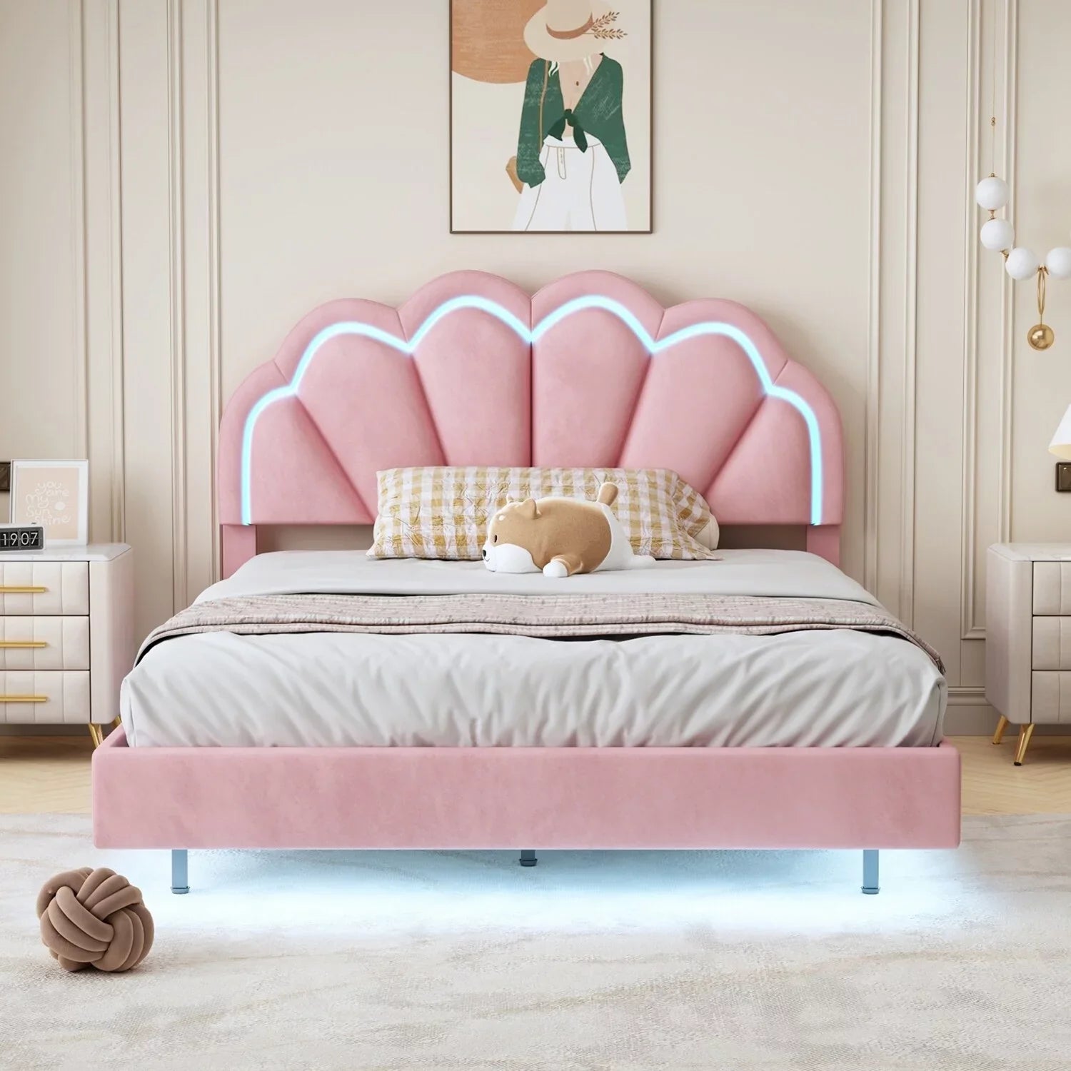 Full Size Smart LED Platform Bed with Wooden Slats Support Beige
