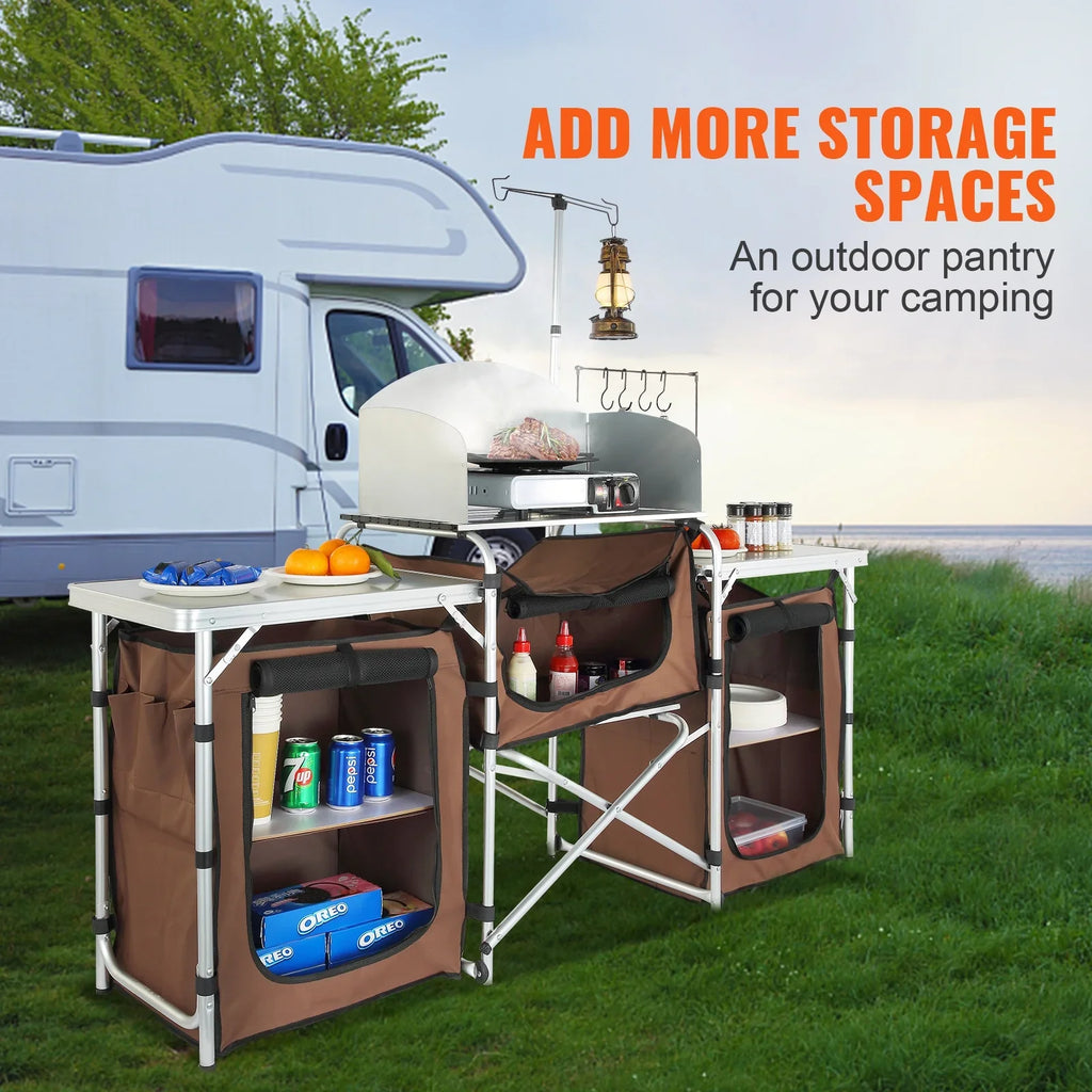 SKYSHALO Folding Portable Cook Table 3 Cupboards Brown Camping Kitchen Table