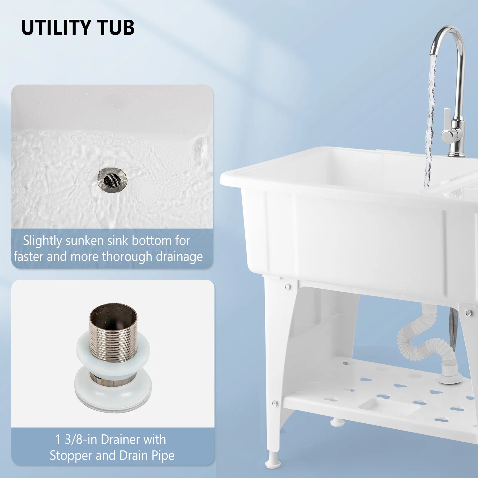 Spacious White Utility Sink Laundry Tub Freestanding Wash Station W/ Shelf, Removable Drainboard, Stainless Steel Faucet
