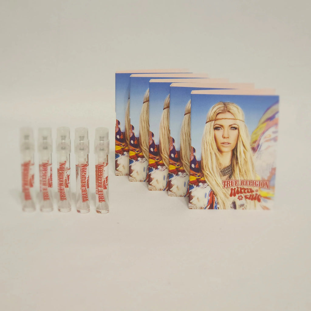 5 Sample Vials: Hippie Chic True Religion People 0.05 oz / 1.52 ml EDP Spray