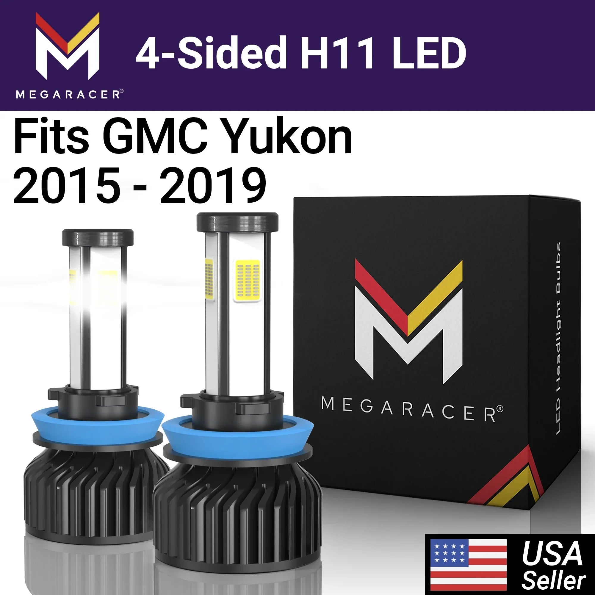 Mega Racer GMC Yukon 4 Sided H11 H9 H8 LED Headlight Bulbs 6000K Diamond White 12V 60W 10000LM GMC Yukon 2015 2016 2017 2018 2019 15 16 17 18 19 Low Beam Automotive People