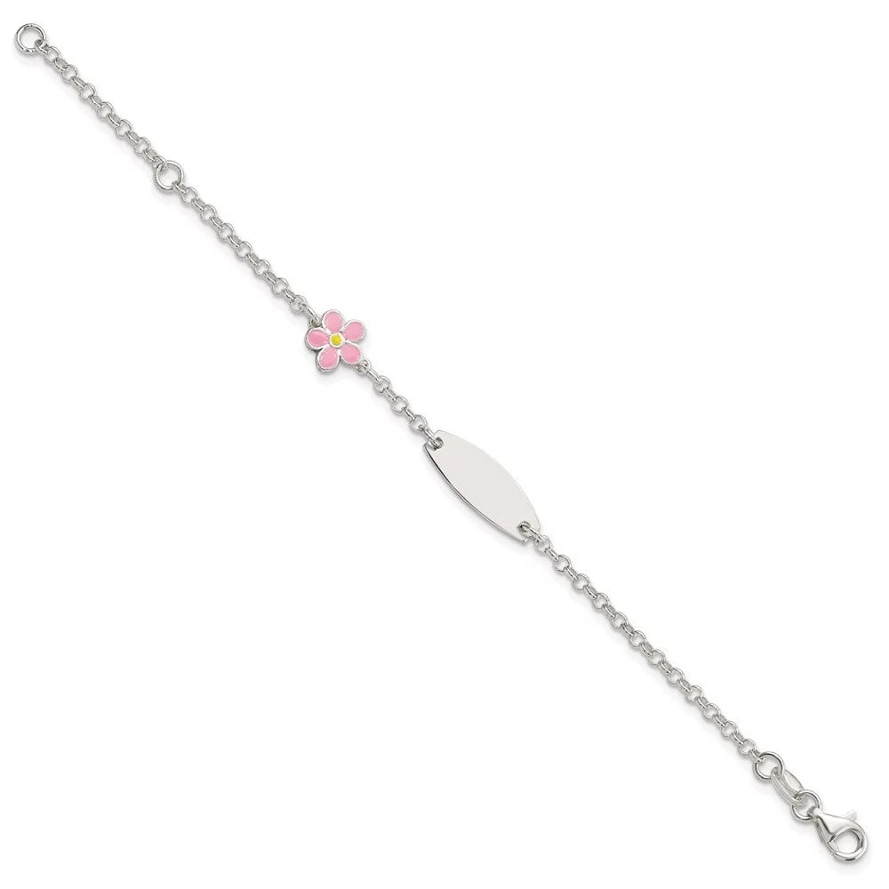 Auriga 925 Sterling Silver Enameled Flower 5inch Id Bracelet 6inch for Individuals