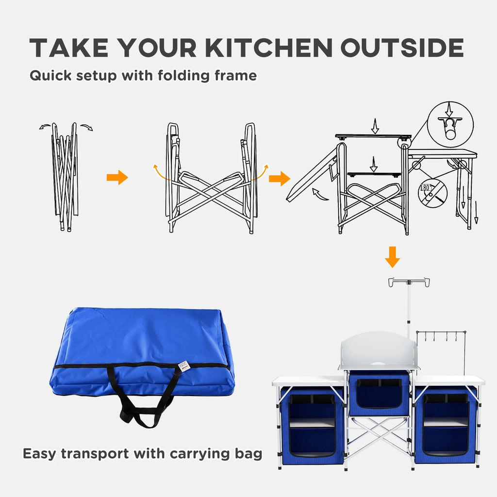 Outsunny Folding Camping Kitchen with Windshield Fabric Cupboards Blue