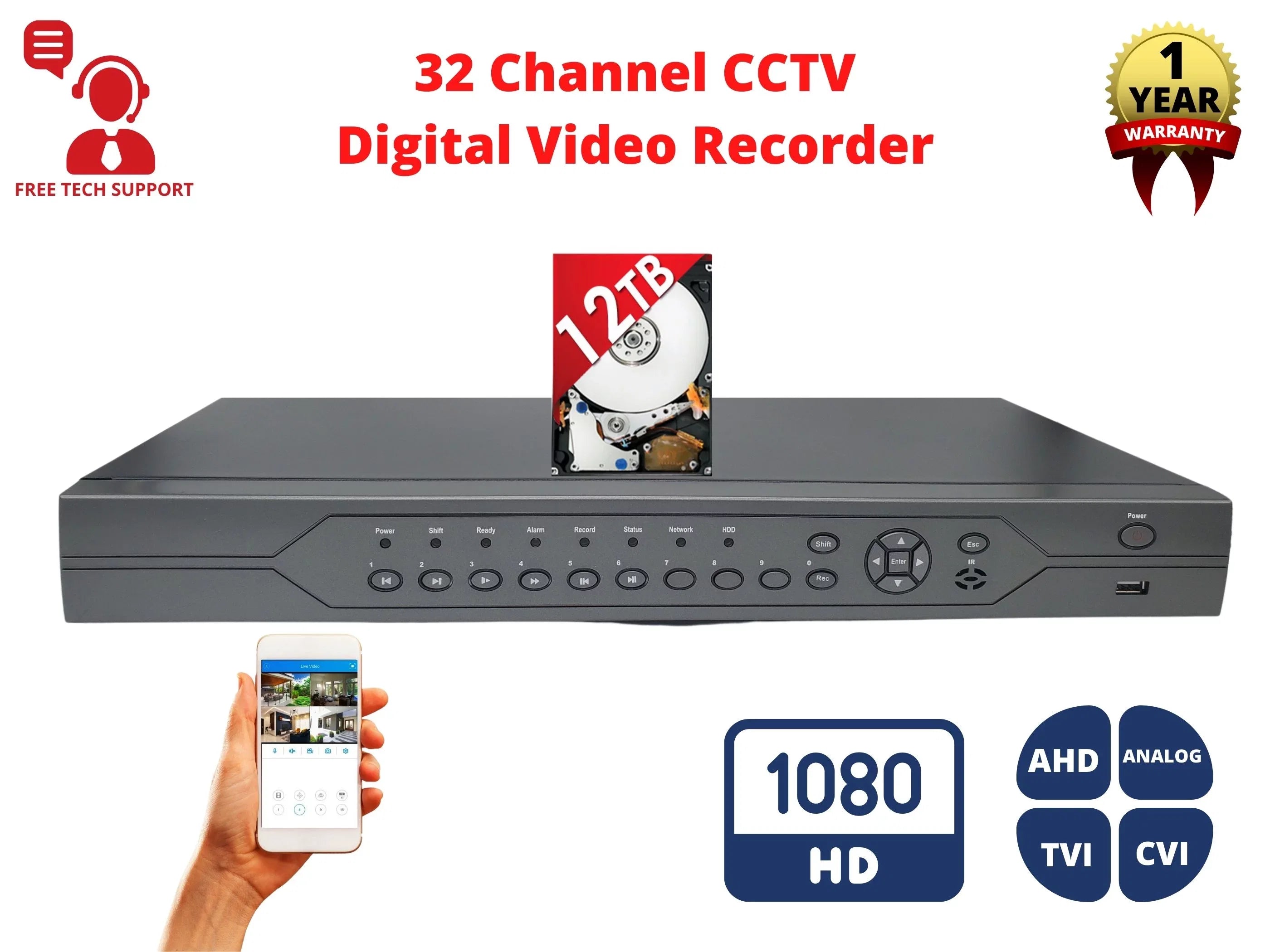 Evertech 32 Channel H.265 Security DVR with 12TB Hard Drive 16x Audio Input Surveillance Standalone Recorder Supports 1080p AHD TVI CVI and Analog (960H) Cameras, Easy Remote Access