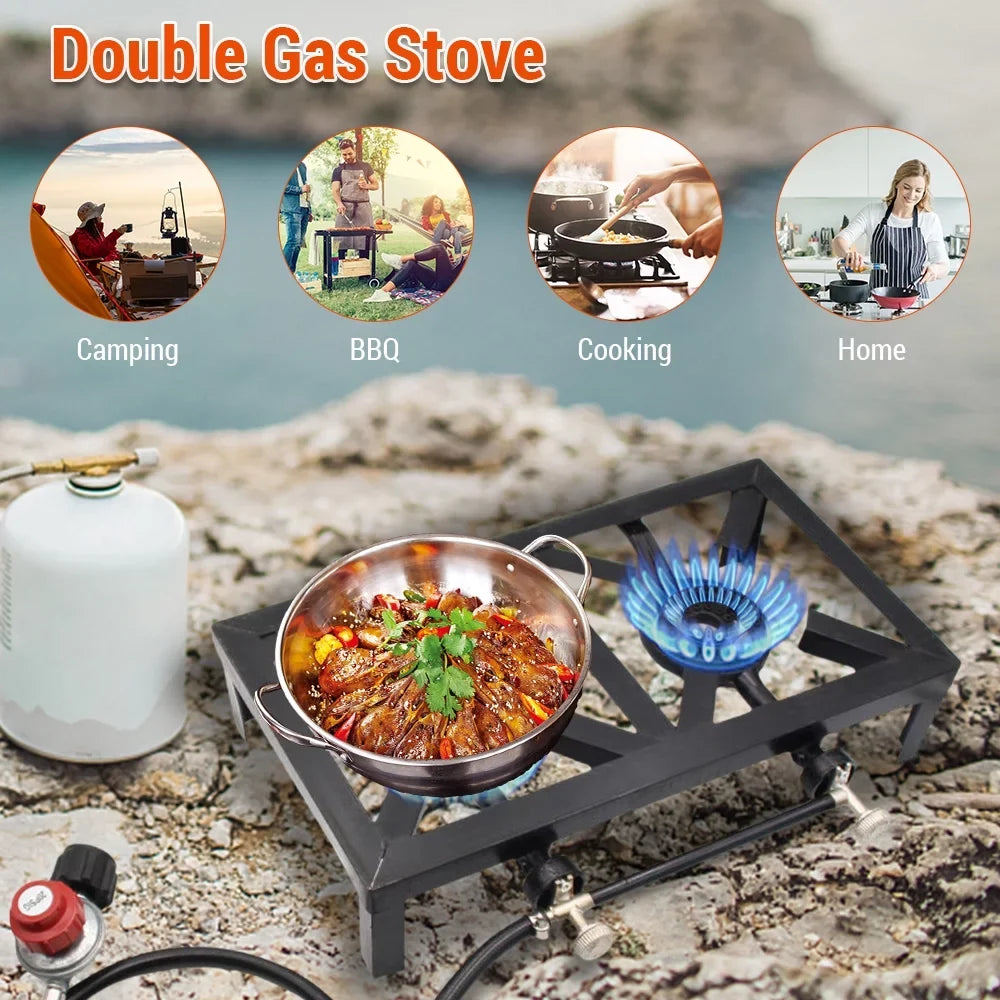 Htovila Propane Gas Double Cast Iron Stove for Patio Camping BBQ Cooking (Standard), Furnace for Excursions