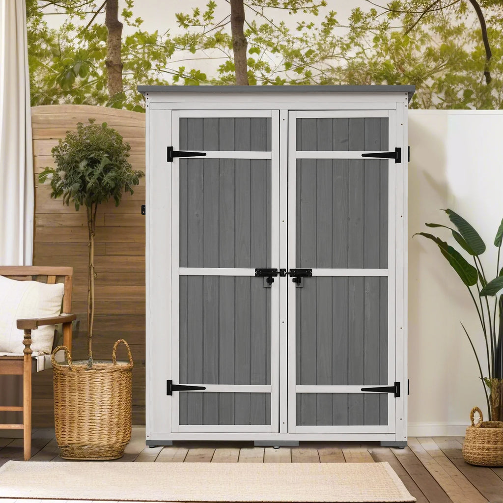 Homiyad Outdoor 5.5ft Hx4.1ft L Wood Storage Shed, Garden Tool Cabinet with Waterproof Asphalt Roof, Four Lockable Doors, Multiple-Tier Shelves, White and Gray