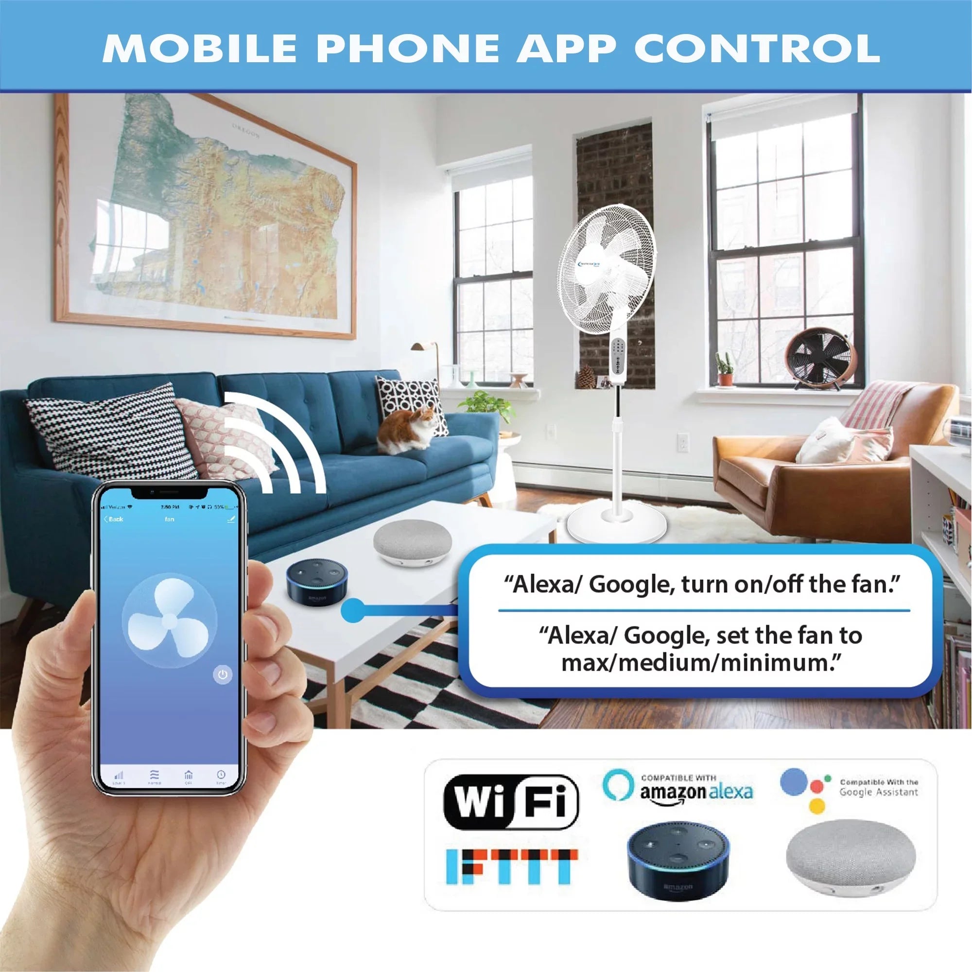 Technical Pro WIFI Enabled 16" Standing Fan with Oscillating Feature, Compatibe with Amazon Alexa/Google Home Voice