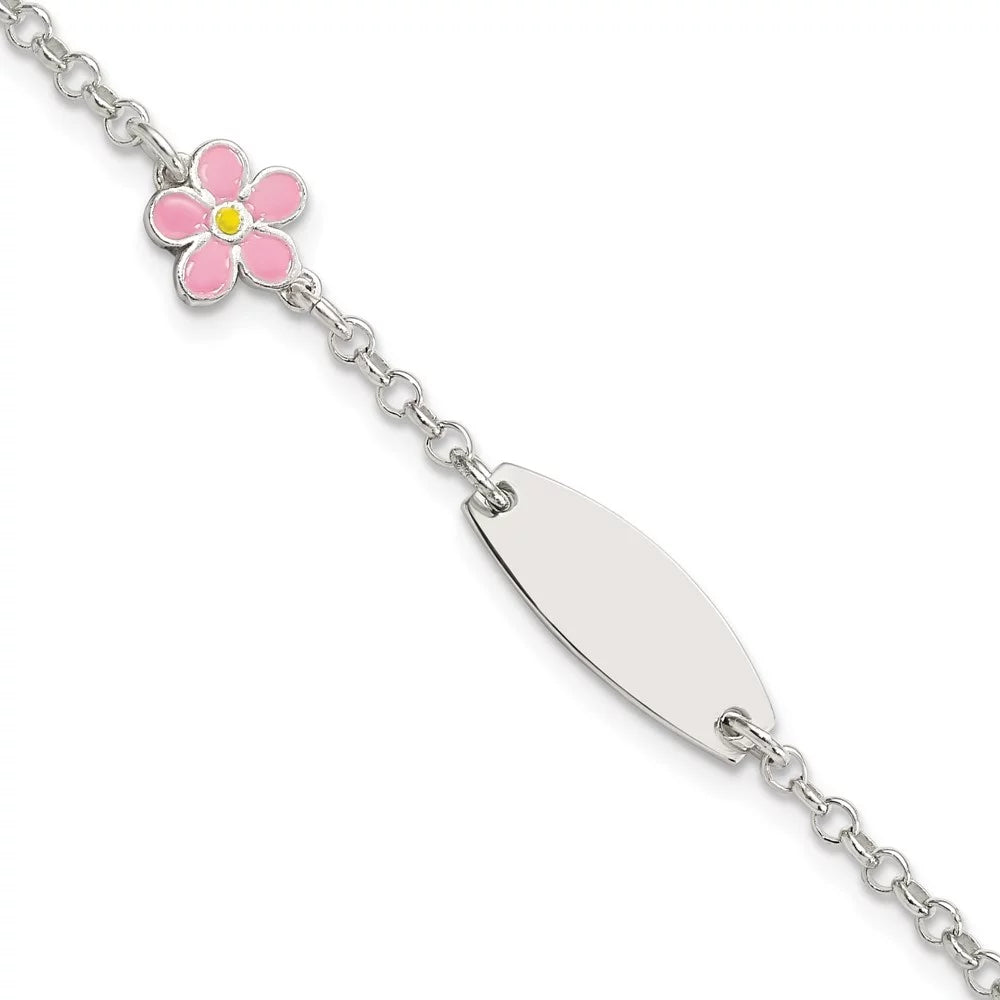 Auriga 925 Sterling Silver Enameled Flower 5inch Id Bracelet 6inch for Individuals
