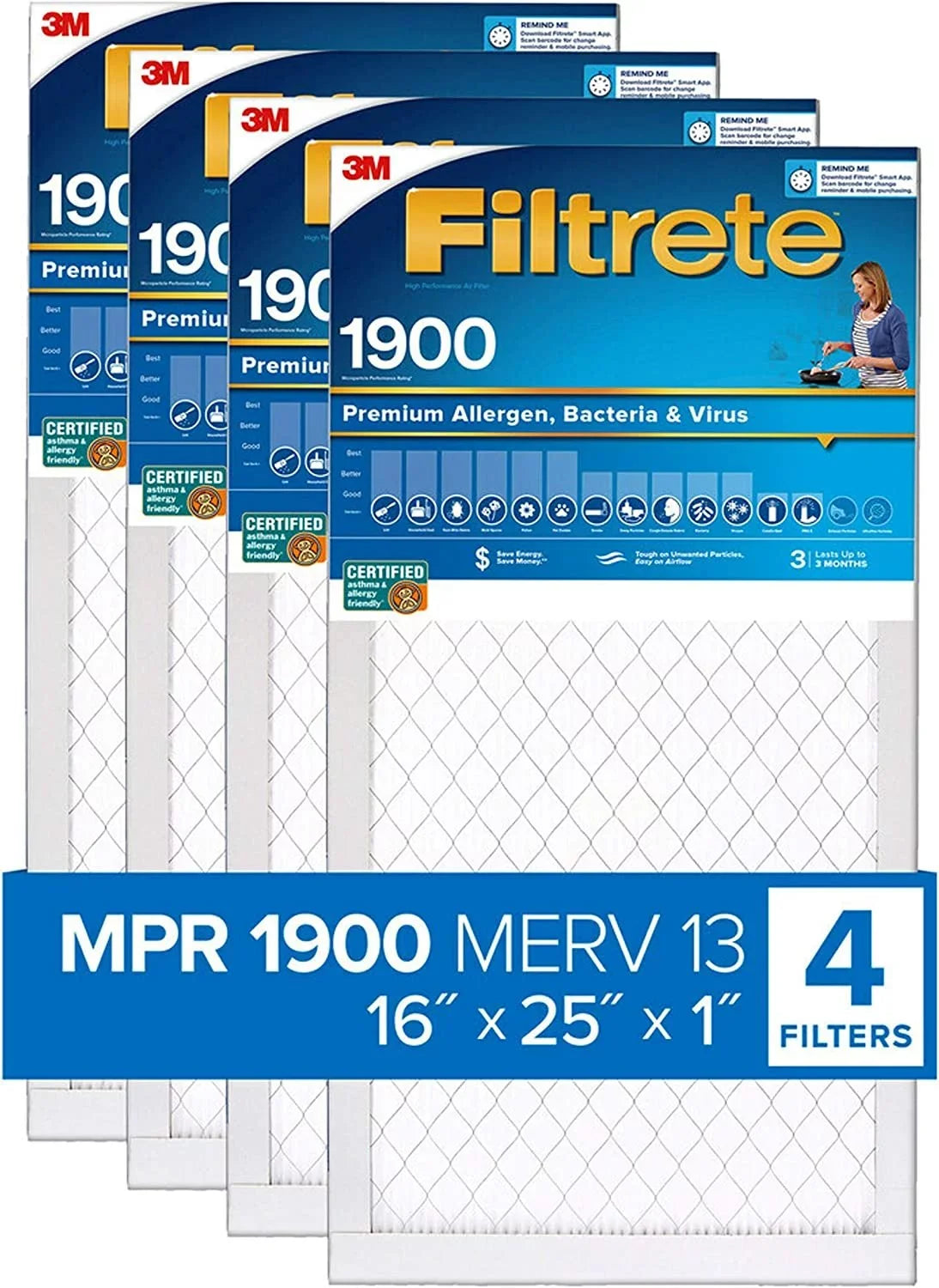 Filtrete 16x25x1 Air Filter MPR 1900 MERV 13, Healthy Living Ultimate Allergen, 4-Pack exact Individuals 15.69 x 24.69 x 0.78